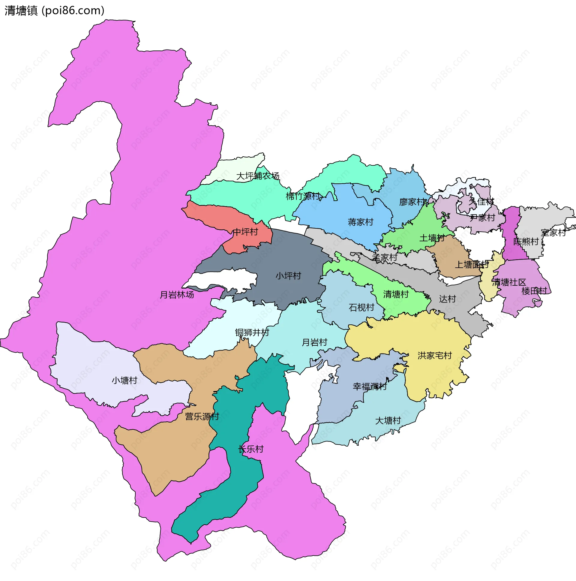 清塘镇边界地图(五级行政区划)