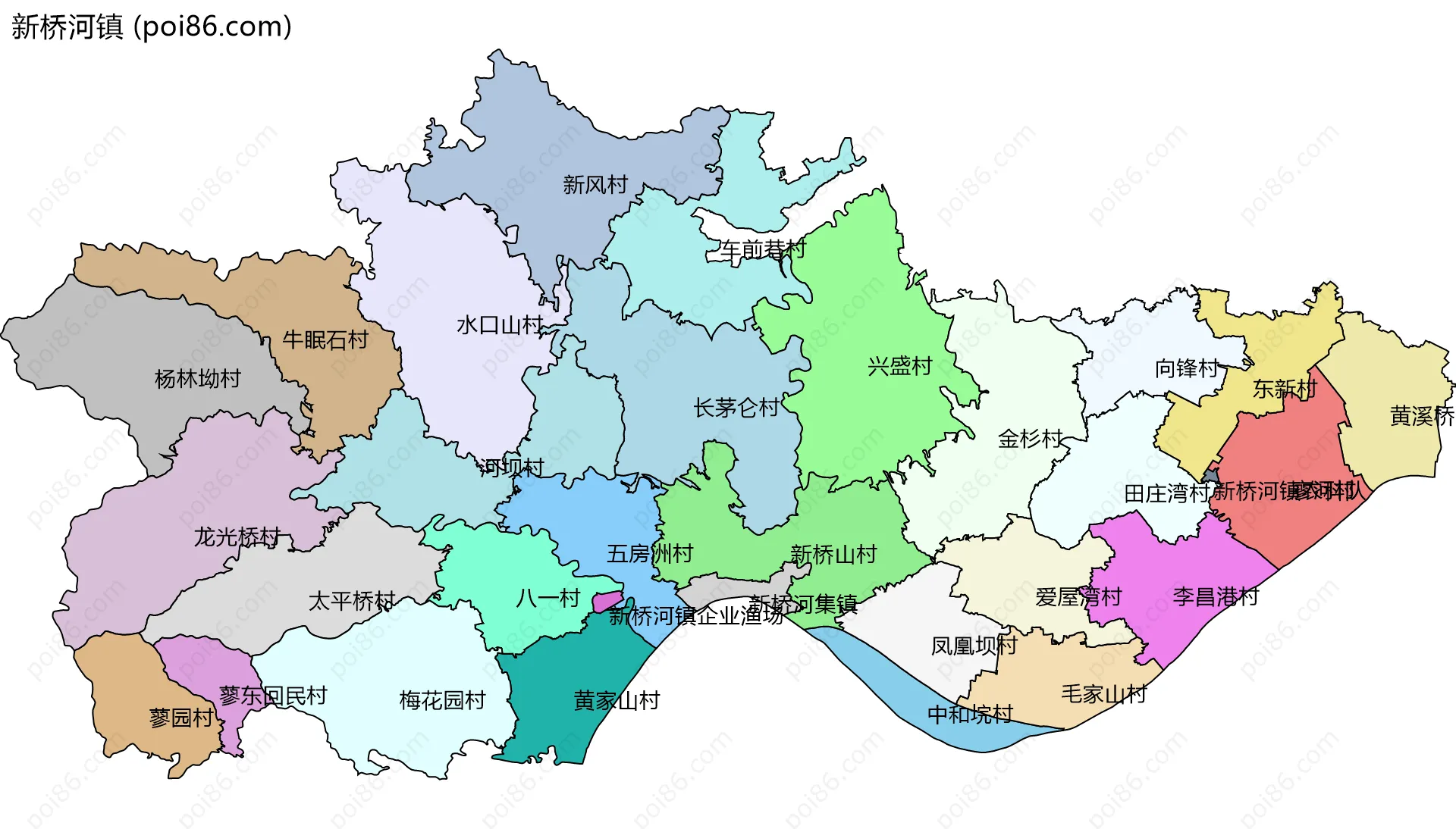 新桥河镇边界地图(五级行政区划)