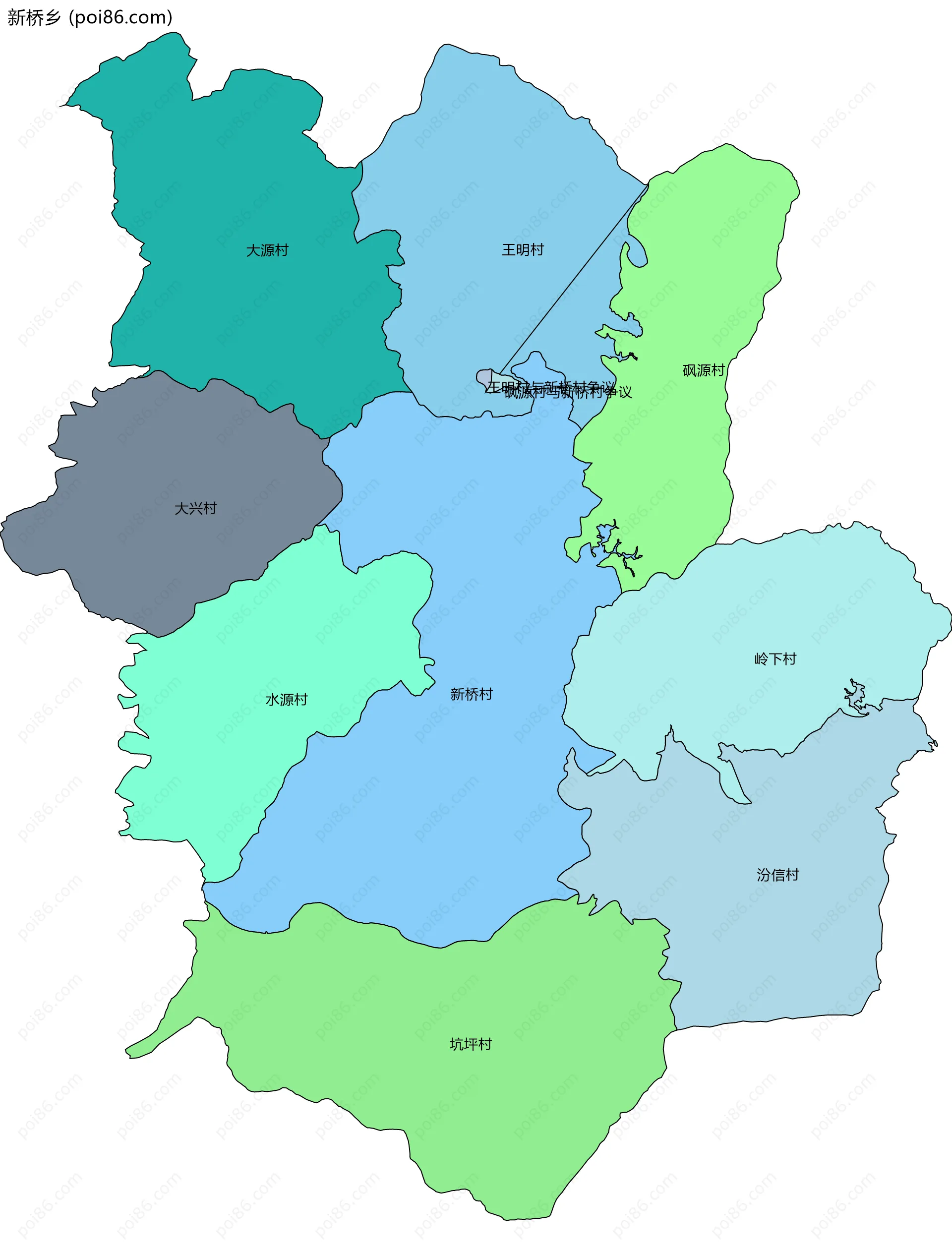 新桥乡边界地图(五级行政区划)