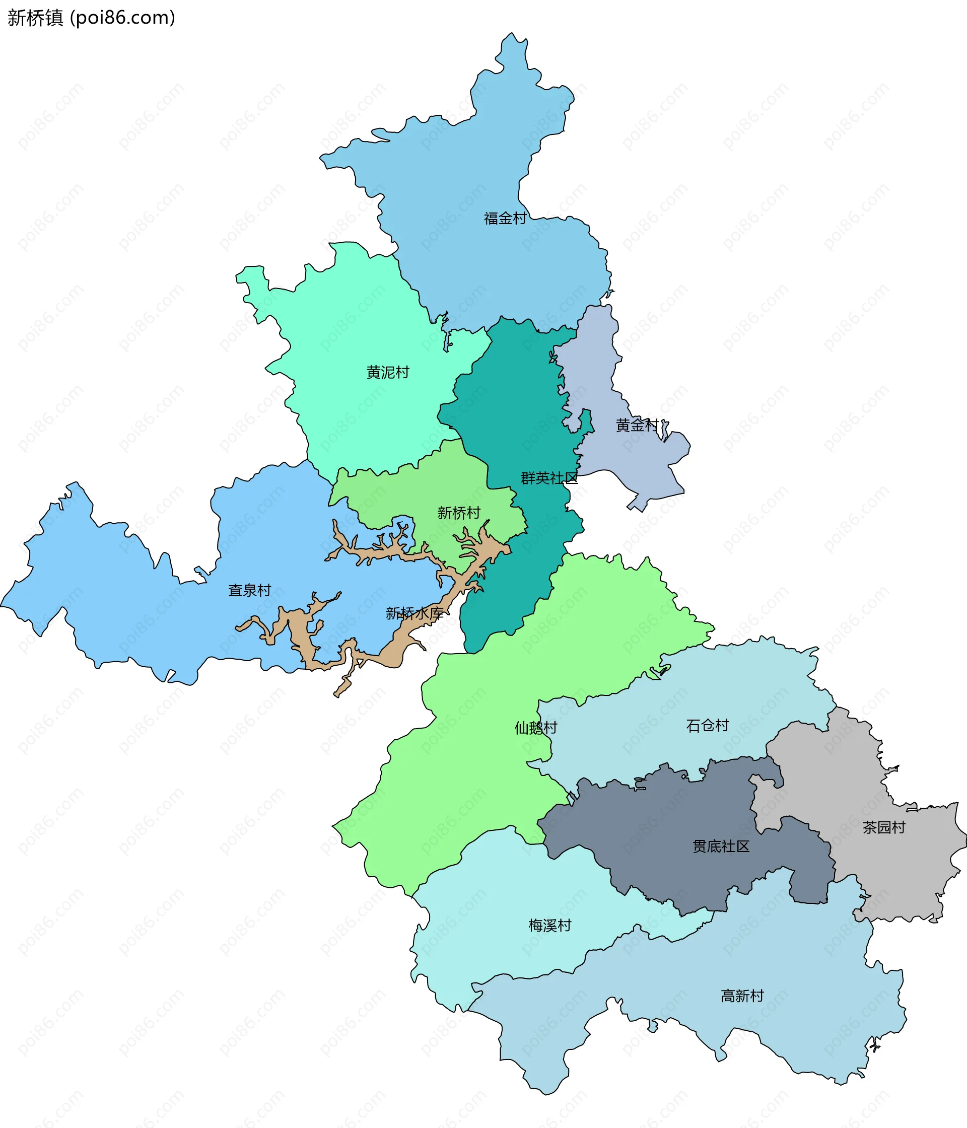 新桥镇边界地图(五级行政区划)