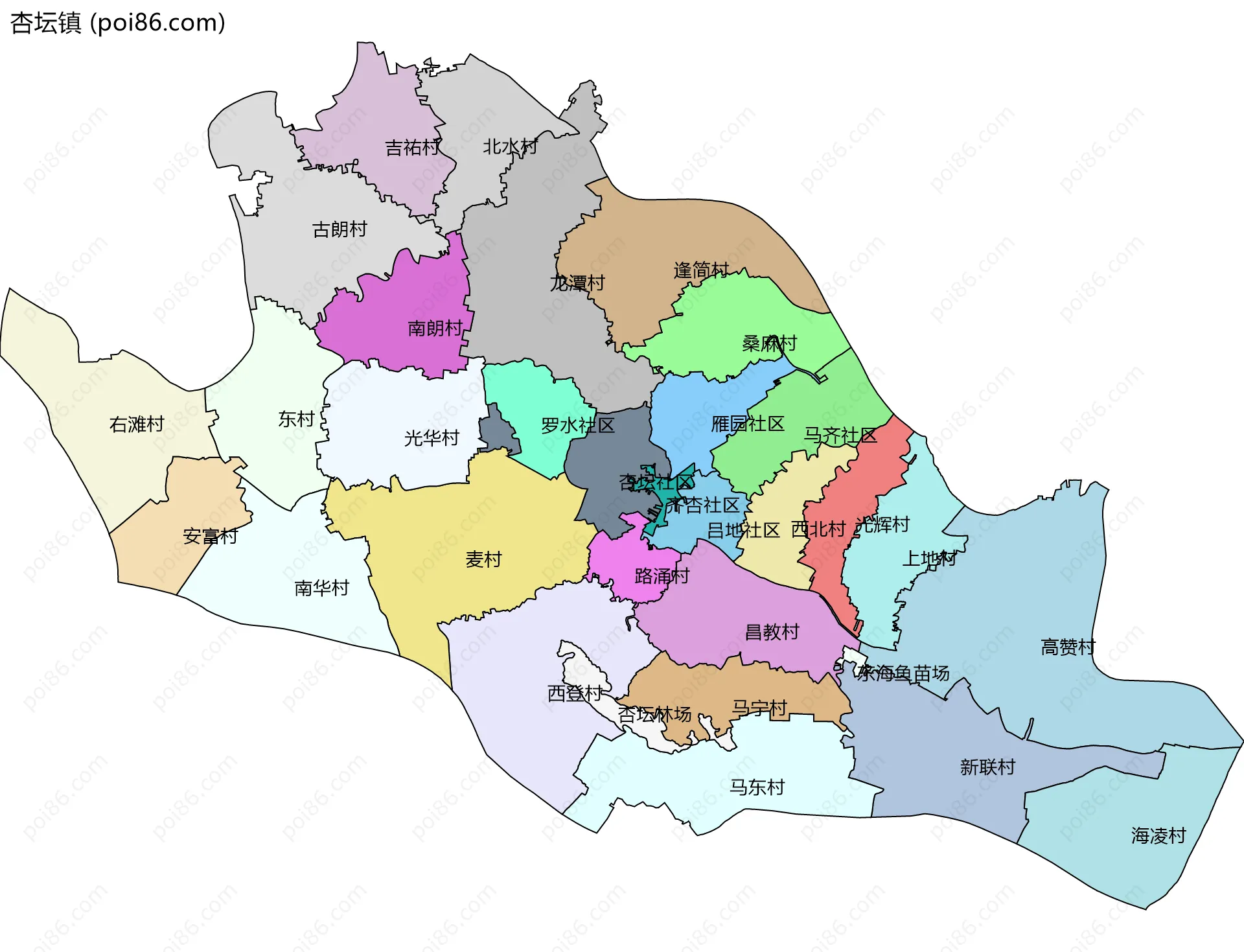 杏坛镇边界地图(五级行政区划)