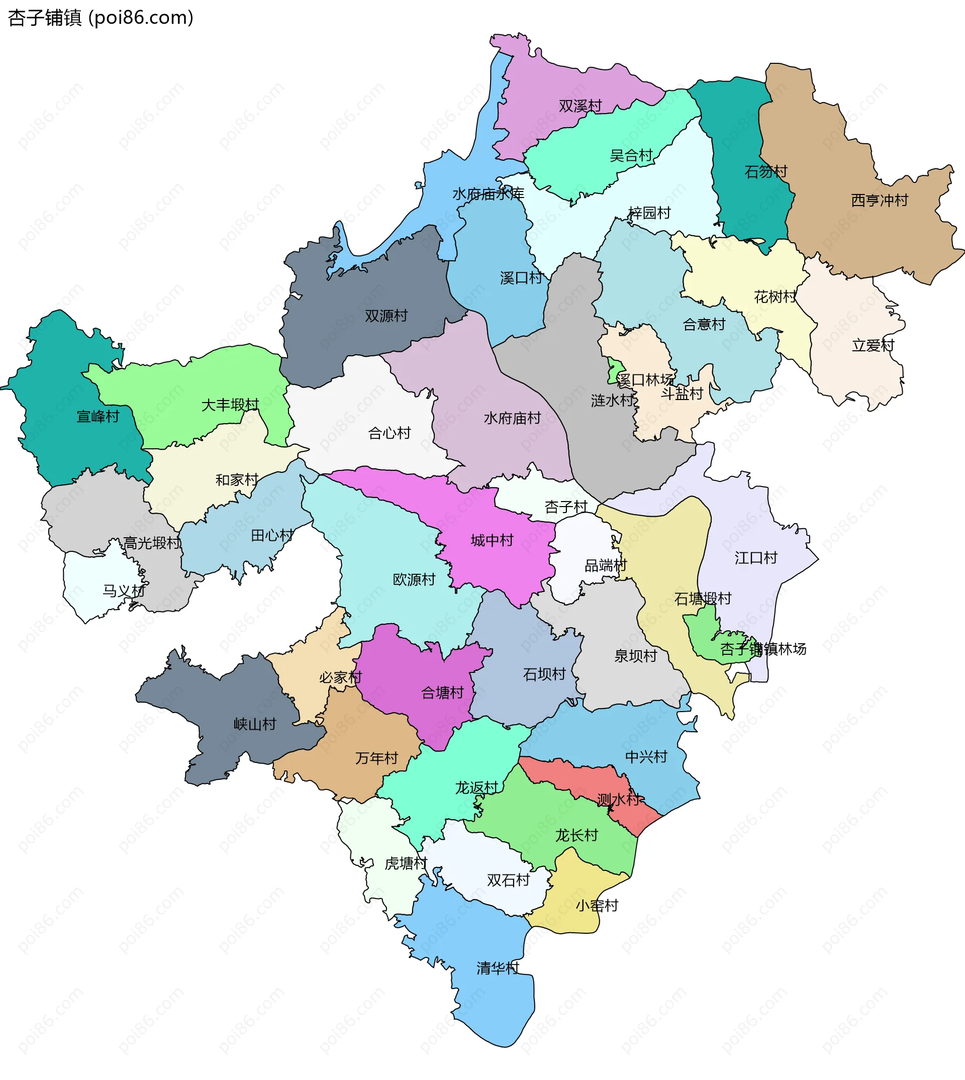 杏子铺镇边界地图(五级行政区划)