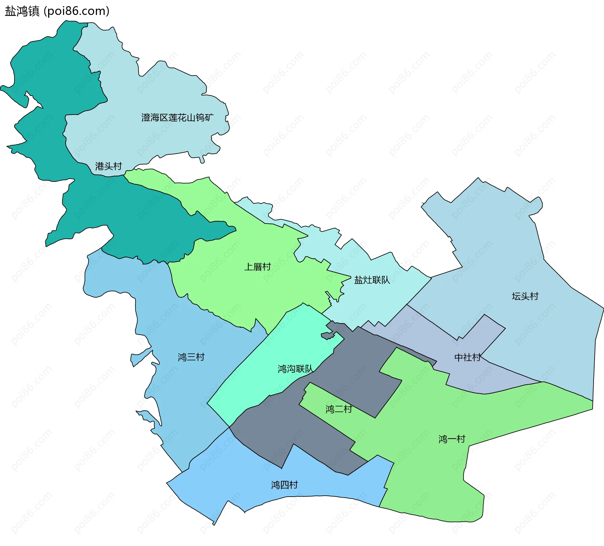 盐鸿镇边界地图(五级行政区划)
