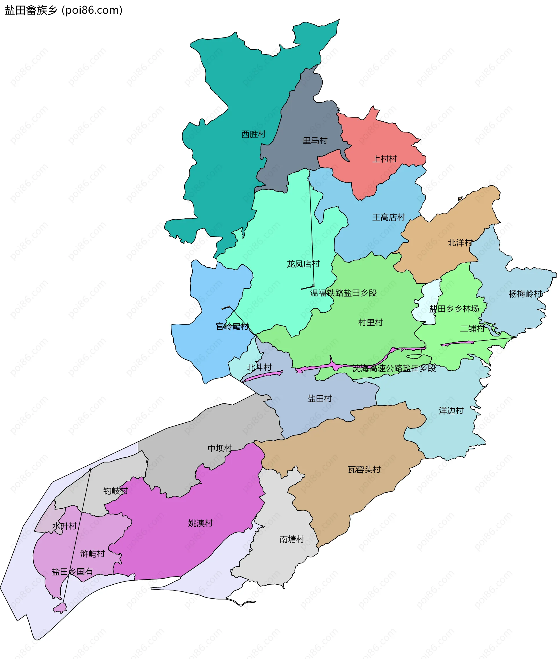 盐田畲族乡边界地图(五级行政区划)