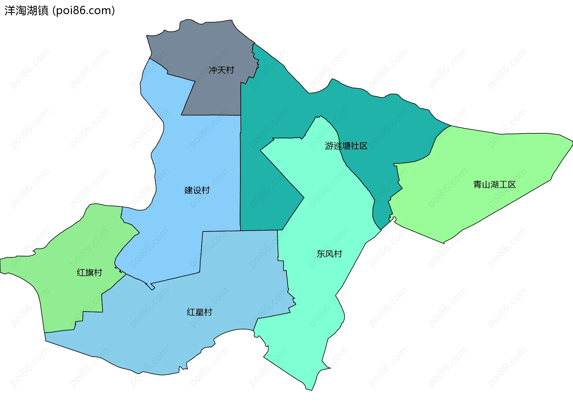 洋淘湖镇边界地图(五级行政区划)