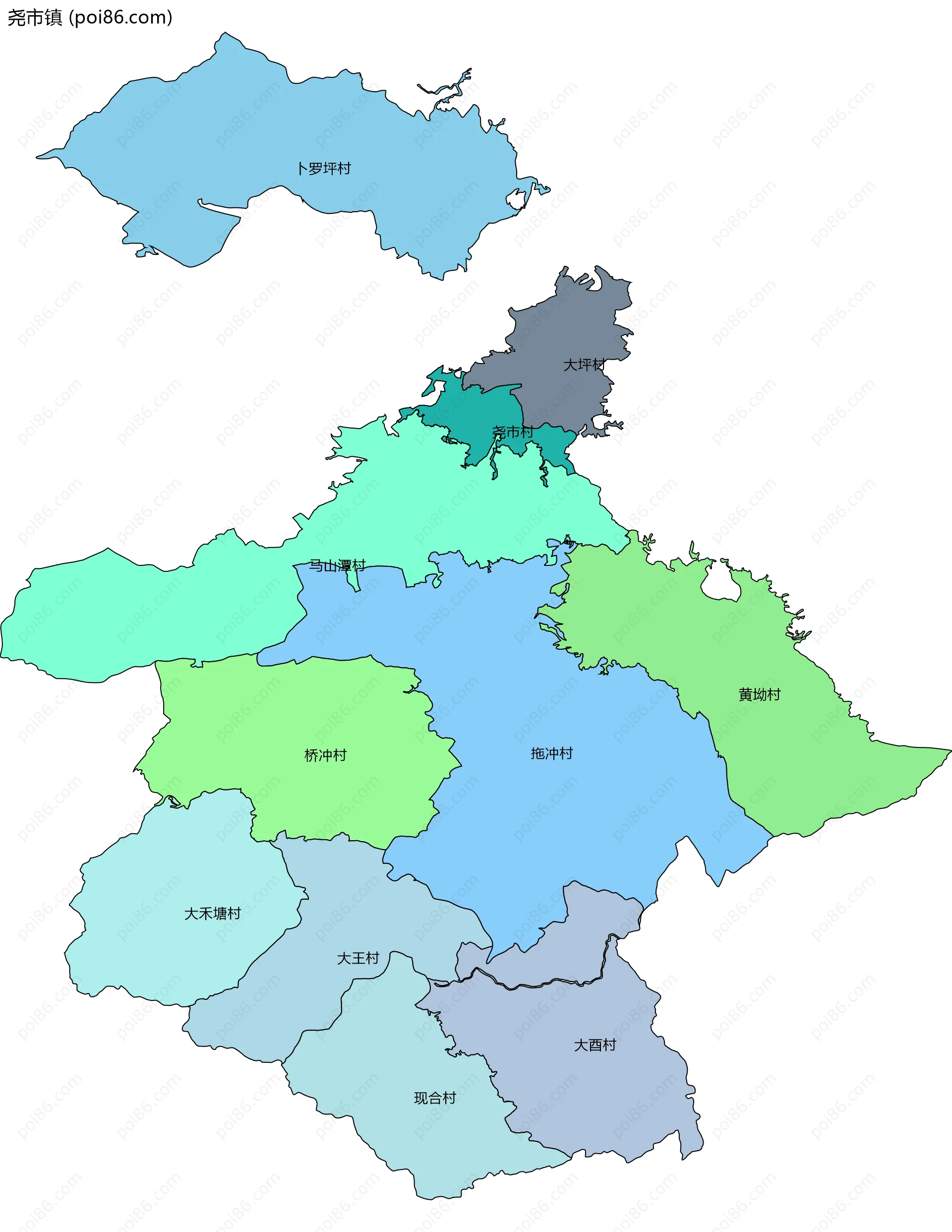 尧市镇边界地图(五级行政区划)