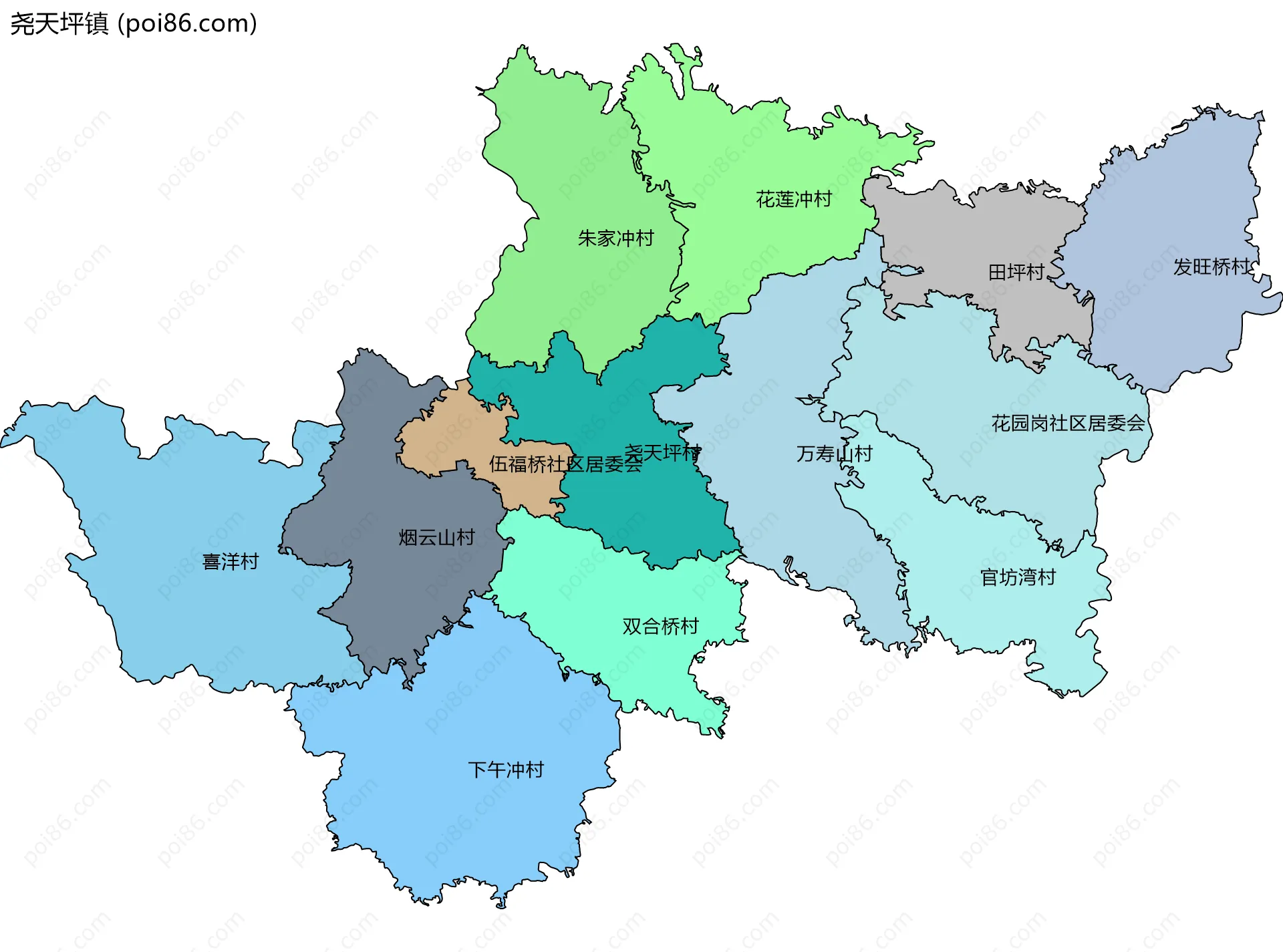 尧天坪镇边界地图(五级行政区划)