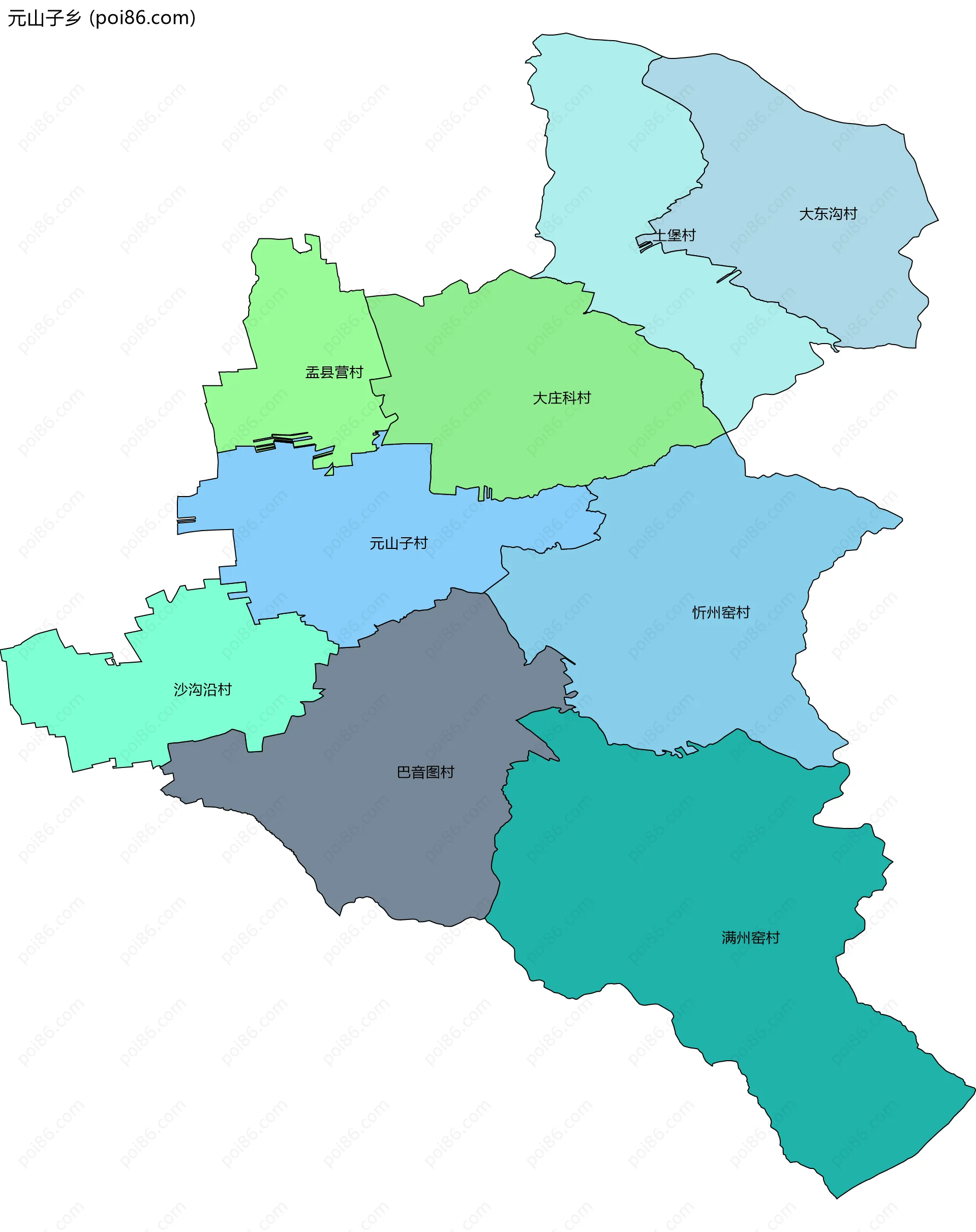 元山子乡边界地图(五级行政区划)