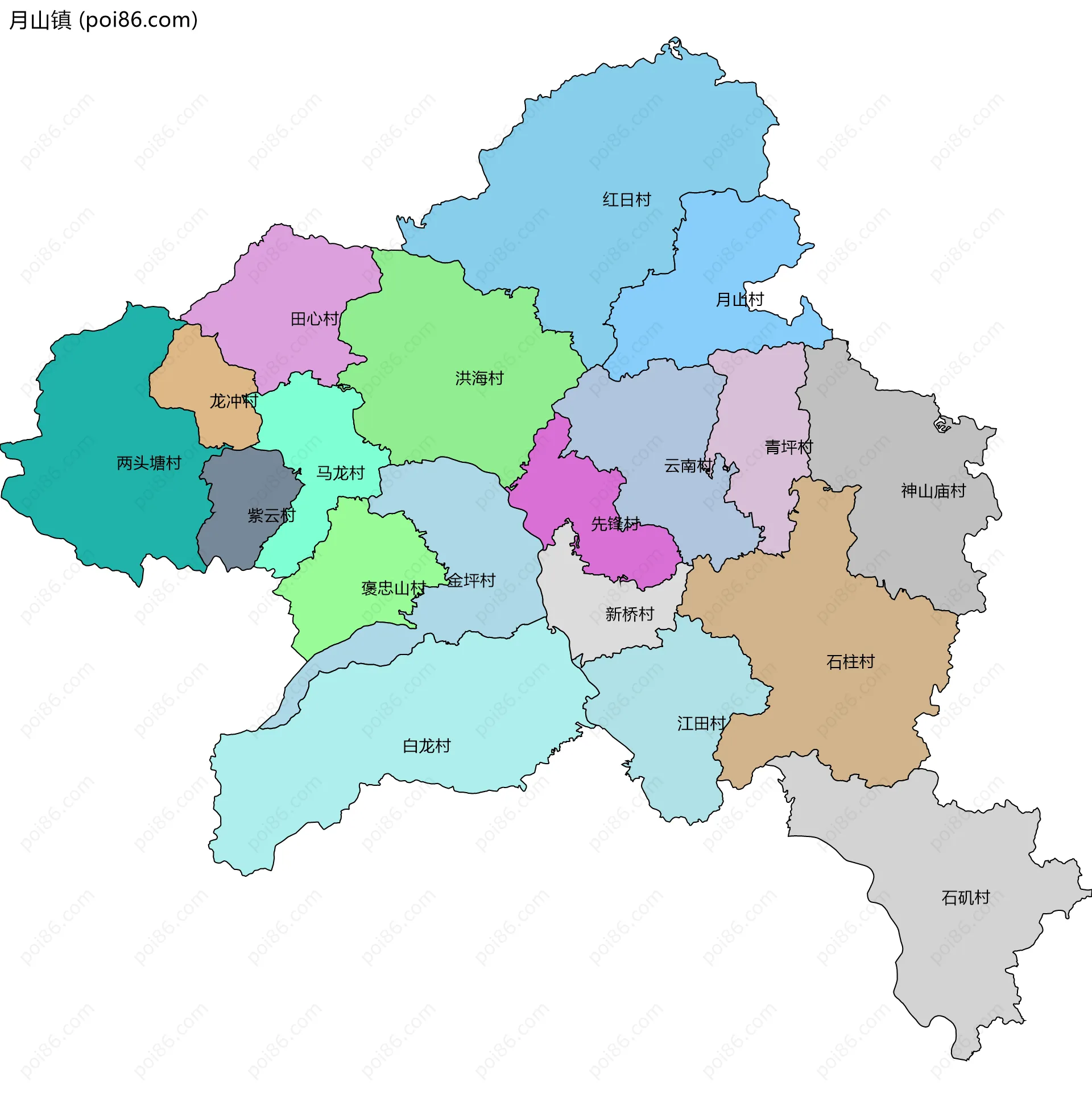 月山镇边界地图(五级行政区划)