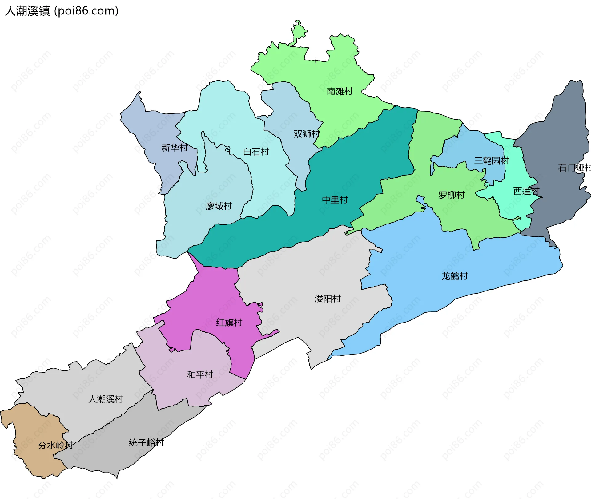 人潮溪镇边界地图(五级行政区划)