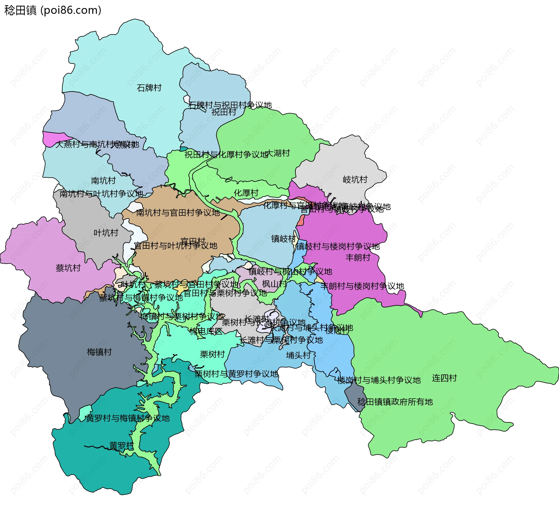 稔田镇边界地图(五级行政区划)