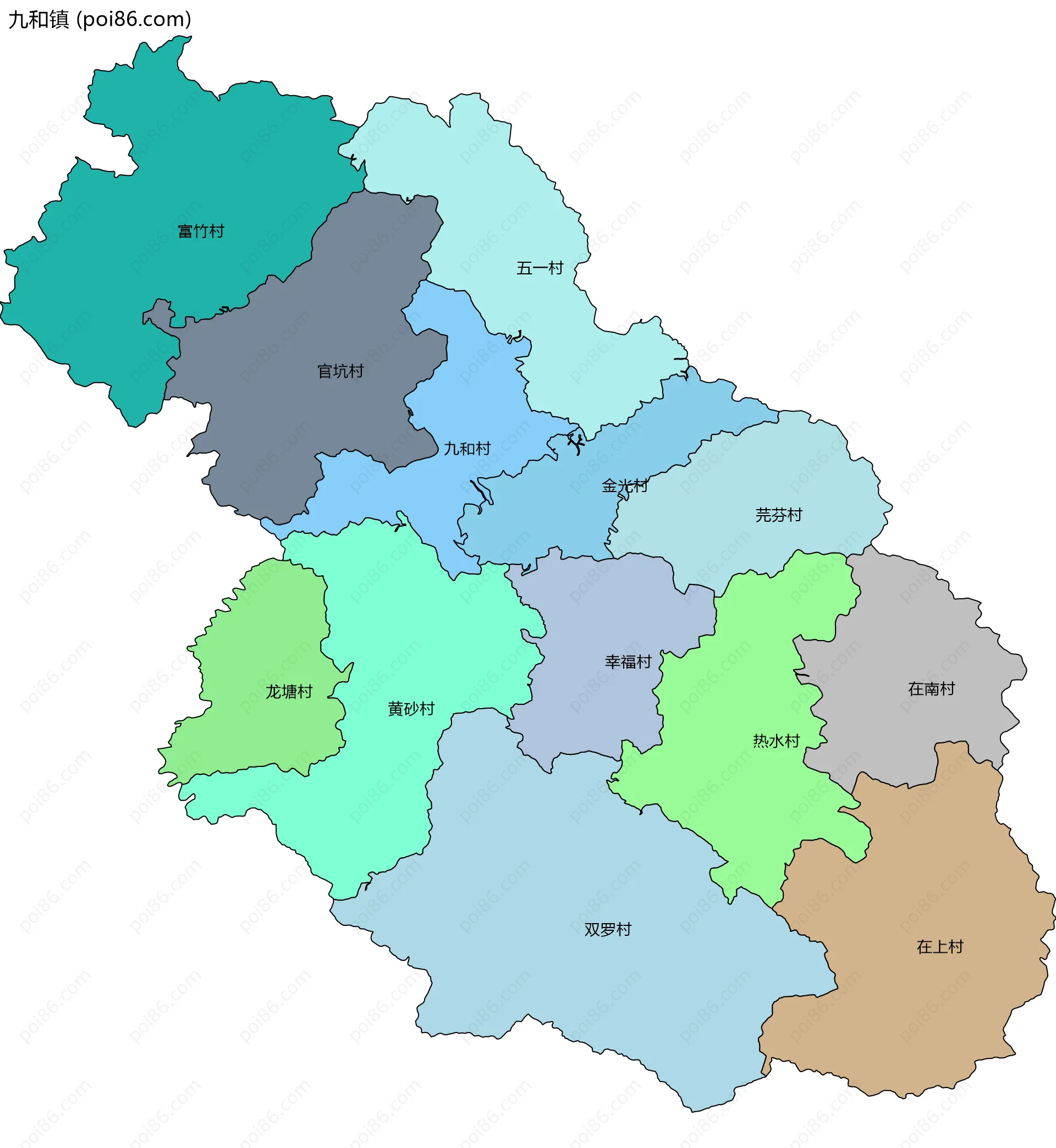 九和镇边界地图(五级行政区划)