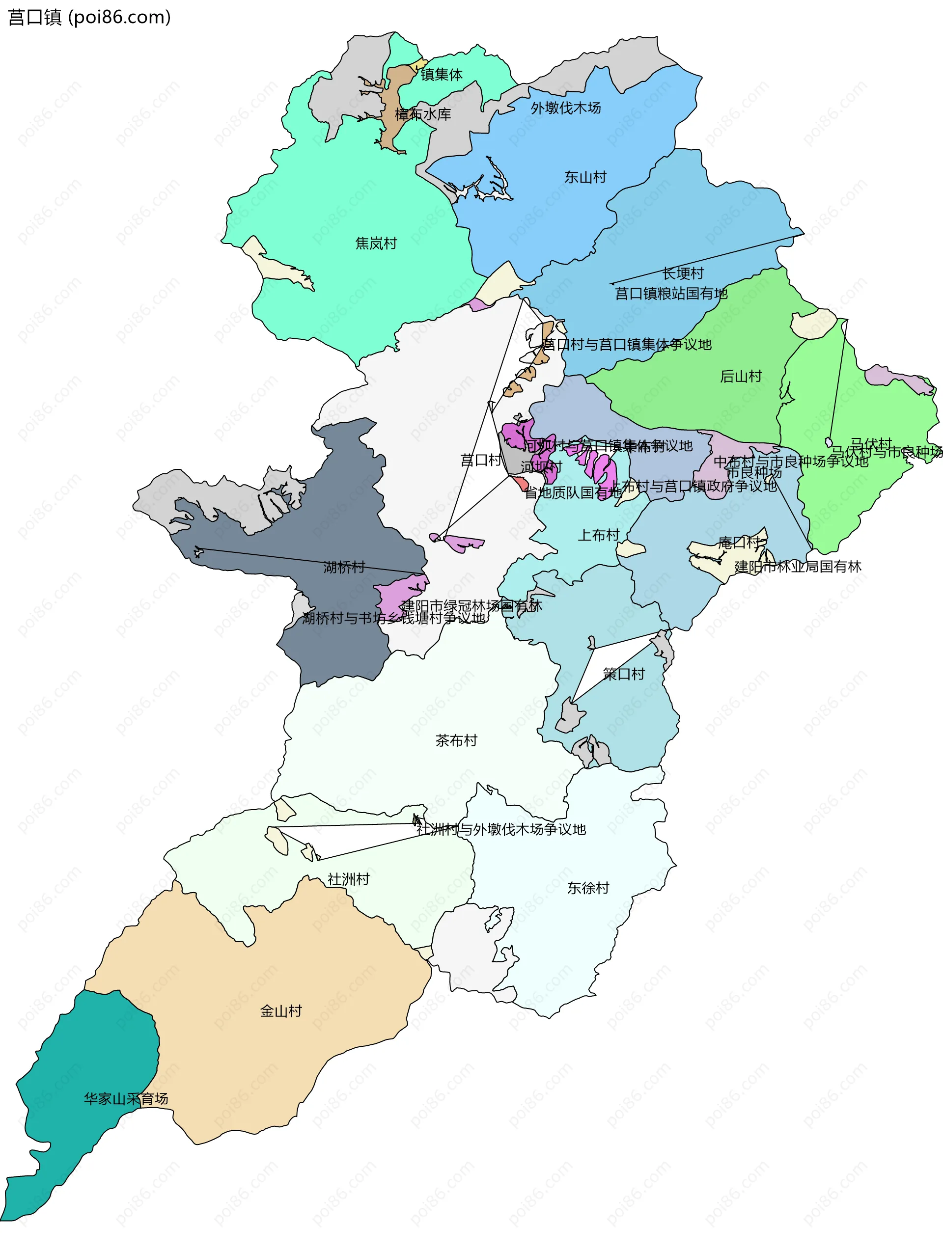 莒口镇边界地图(五级行政区划)