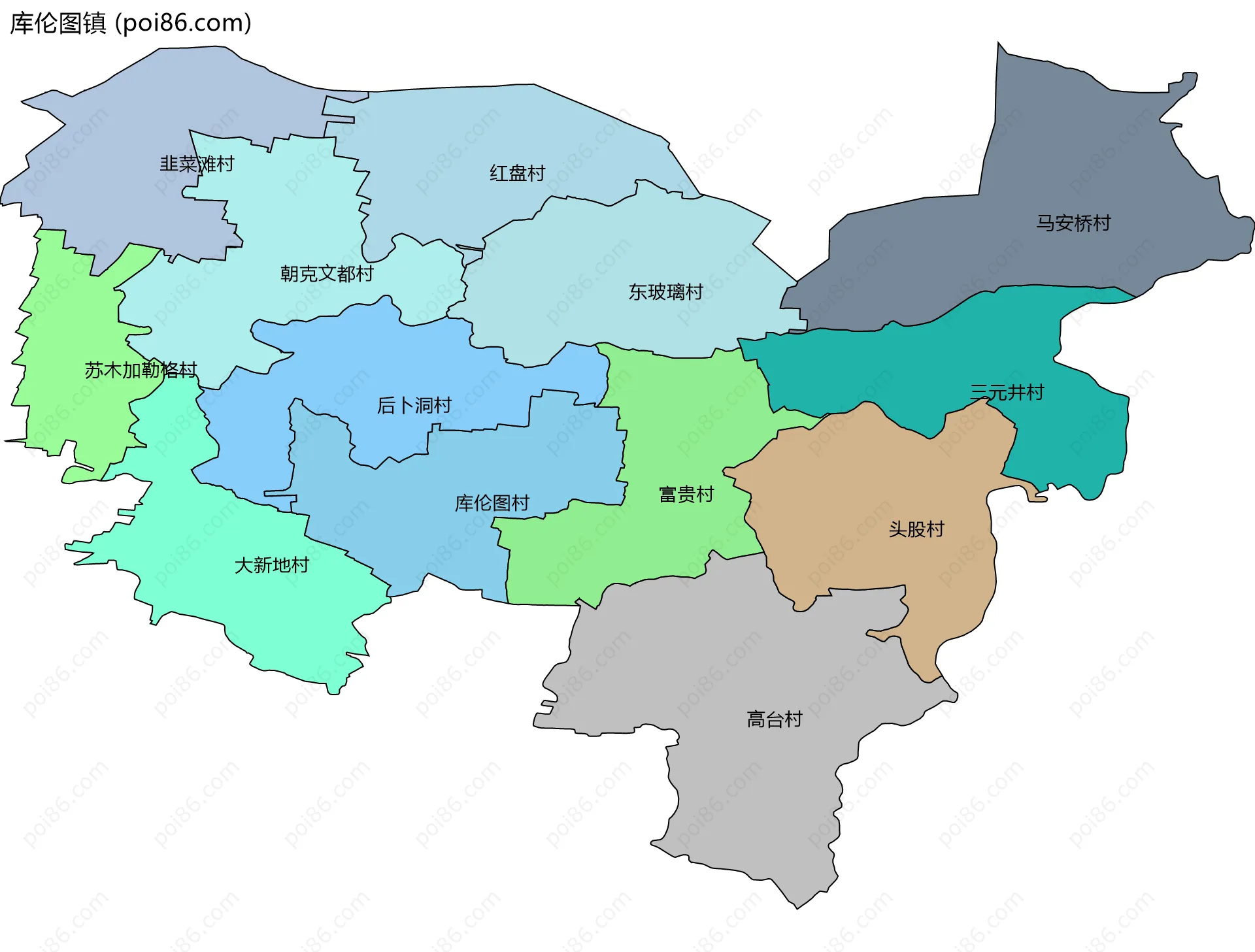 库伦图镇边界地图(五级行政区划)