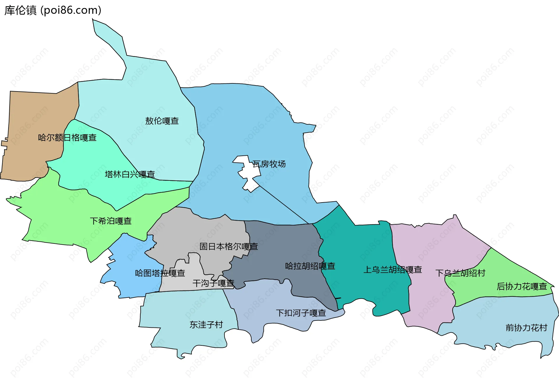 库伦镇边界地图(五级行政区划)