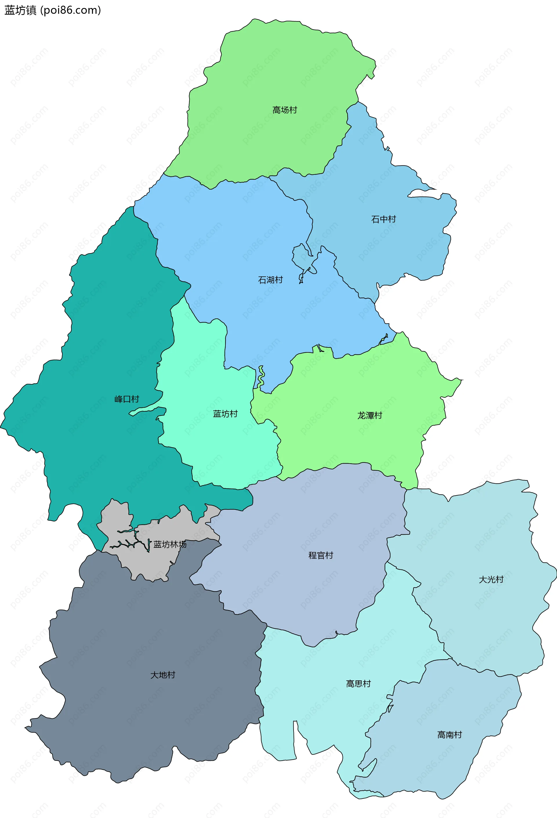 蓝坊镇边界地图(五级行政区划)