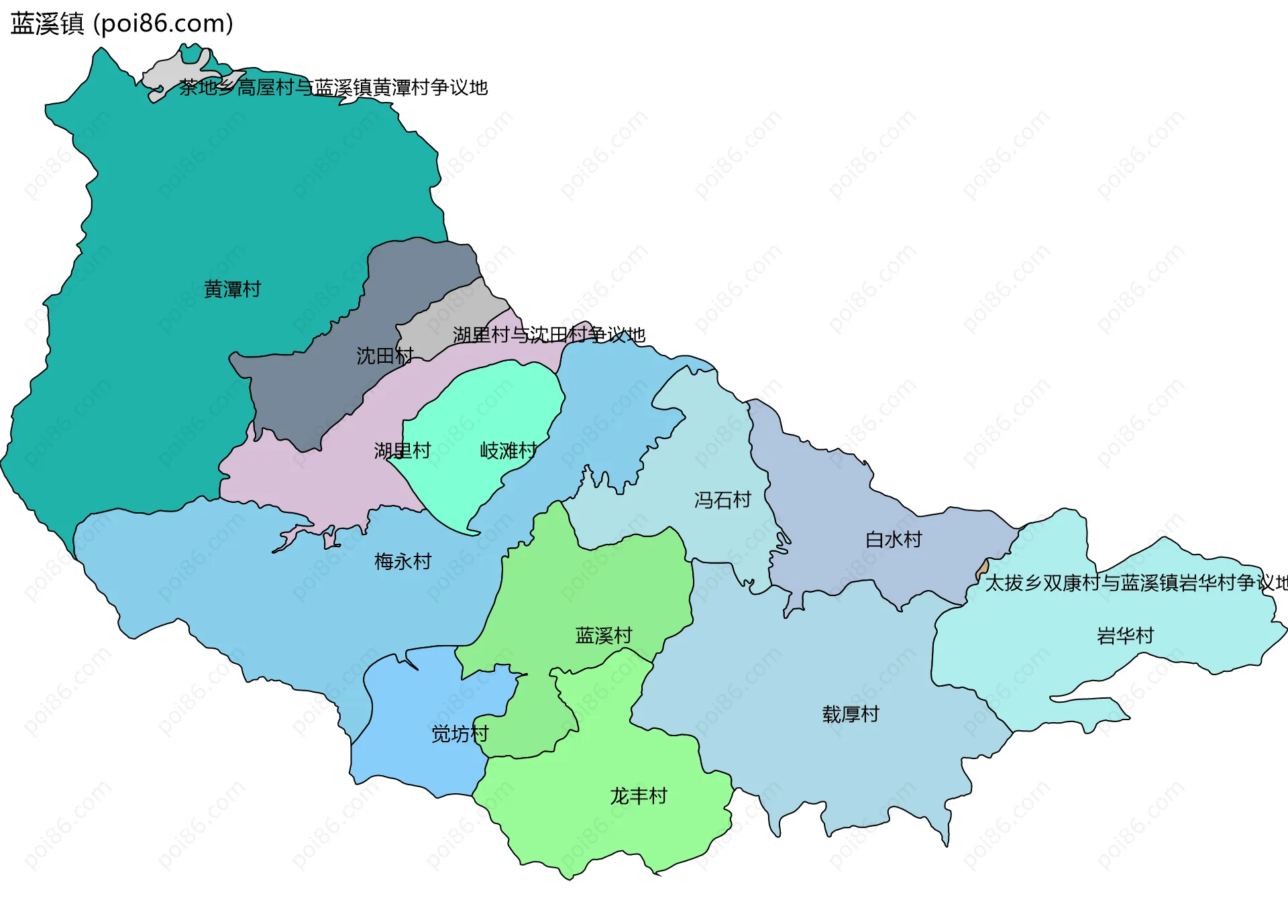 蓝溪镇边界地图(五级行政区划)