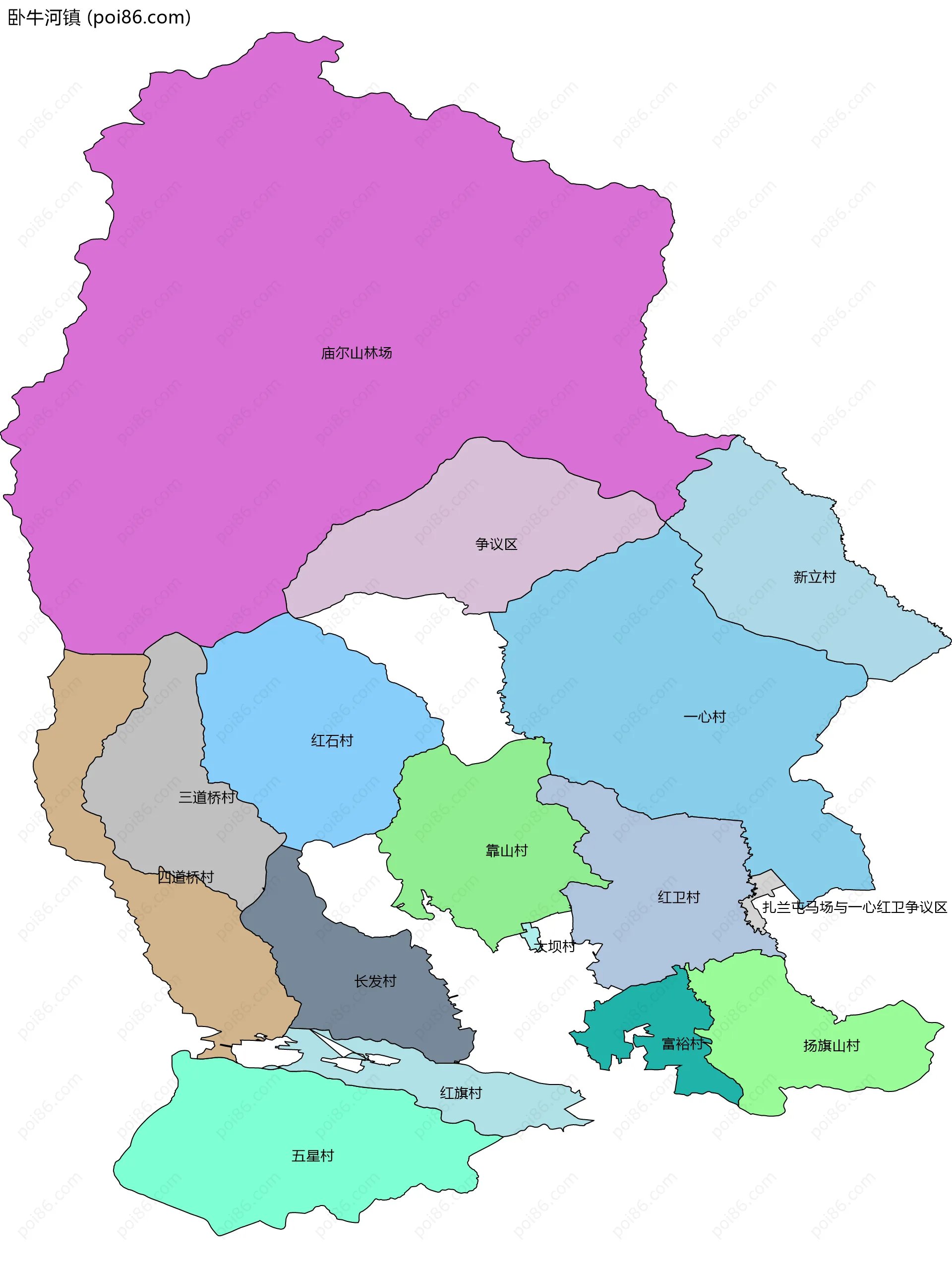 卧牛河镇边界地图(五级行政区划)