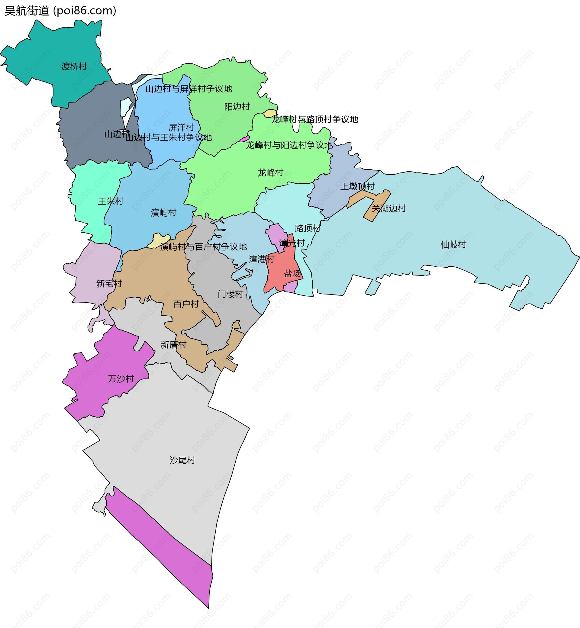 吴航街道边界地图(五级行政区划)