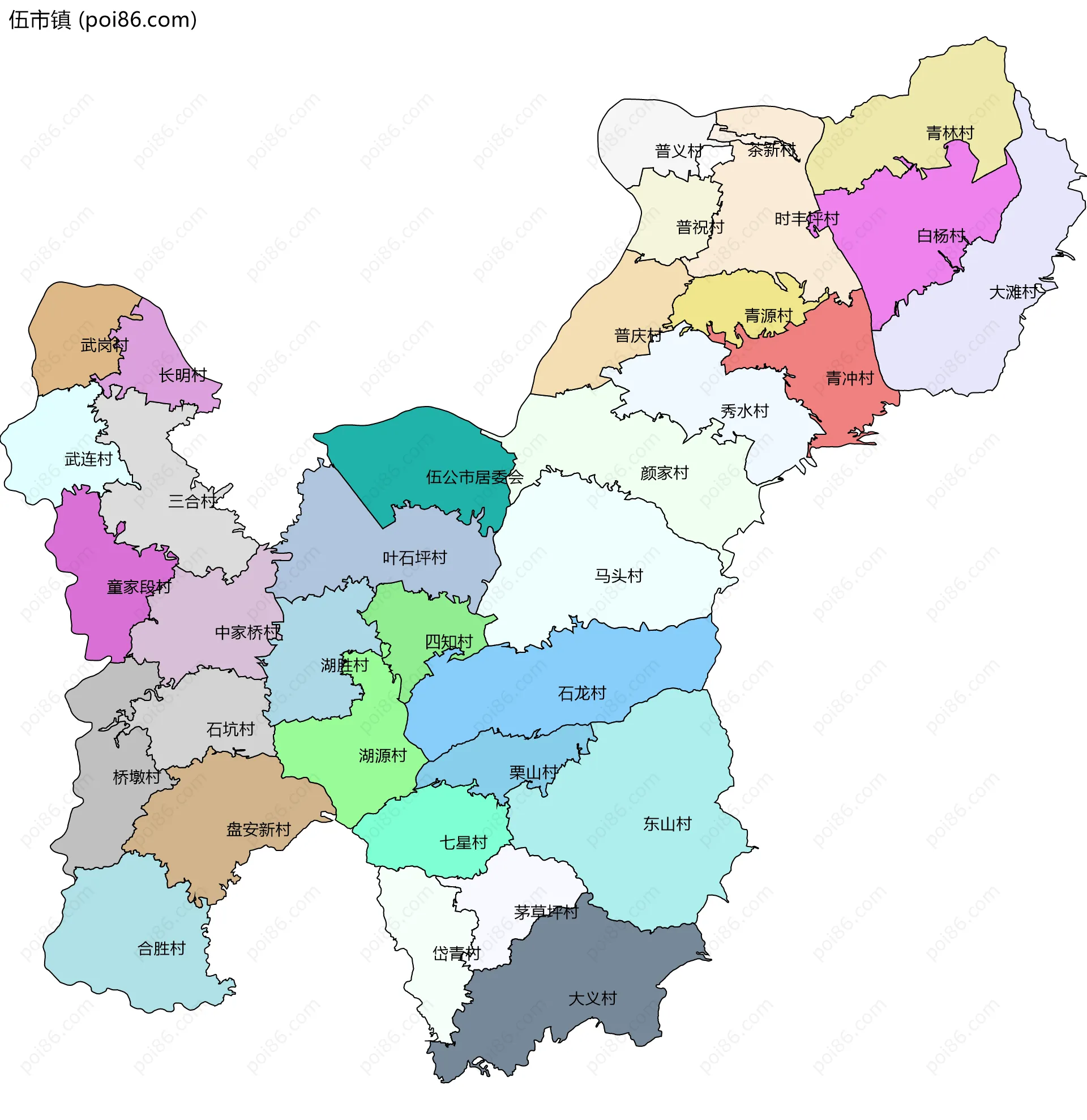 伍市镇边界地图(五级行政区划)