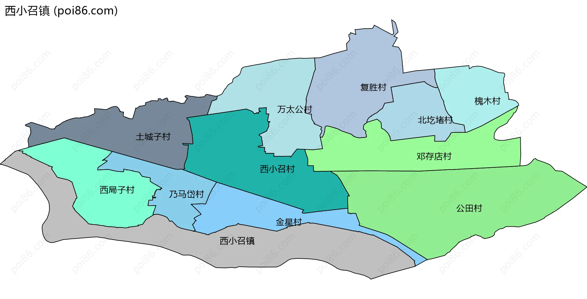 西小召镇边界地图(五级行政区划)