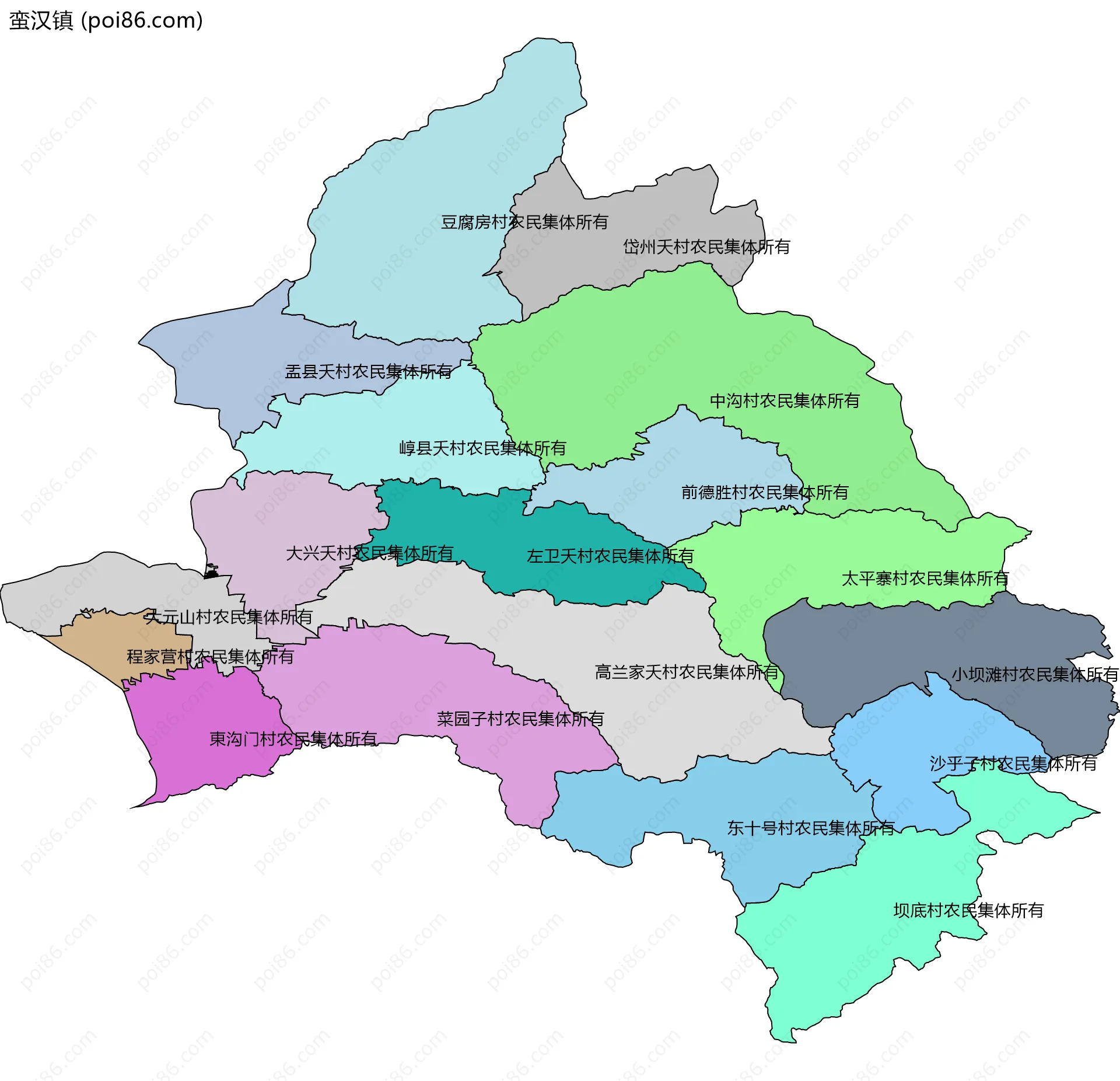 蛮汉镇边界地图(五级行政区划)