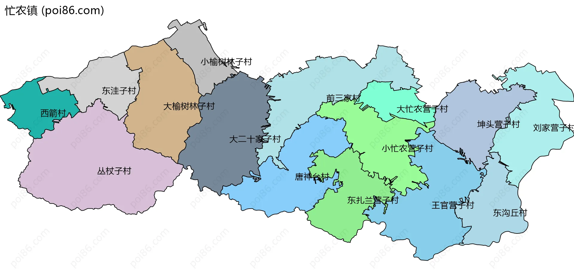 忙农镇边界地图(五级行政区划)
