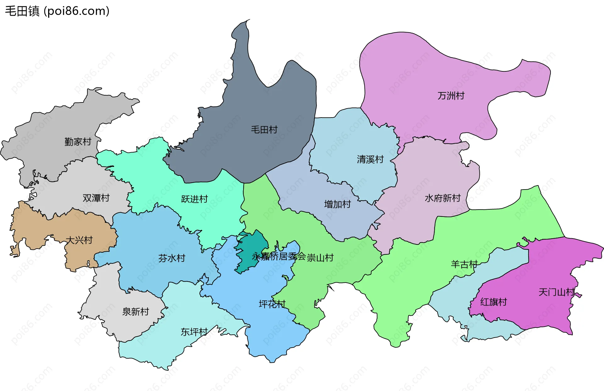 毛田镇边界地图(五级行政区划)