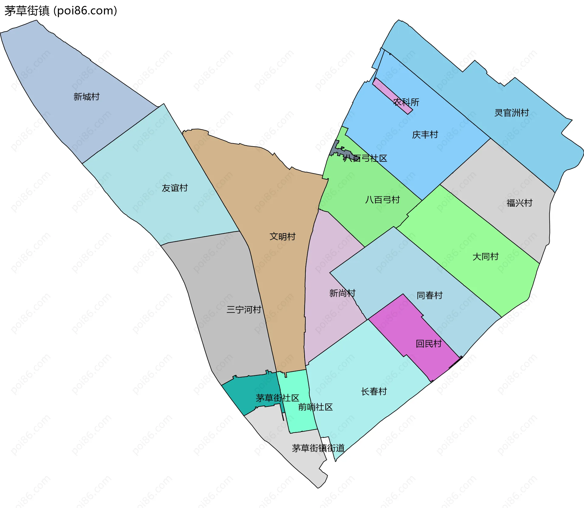 茅草街镇边界地图(五级行政区划)