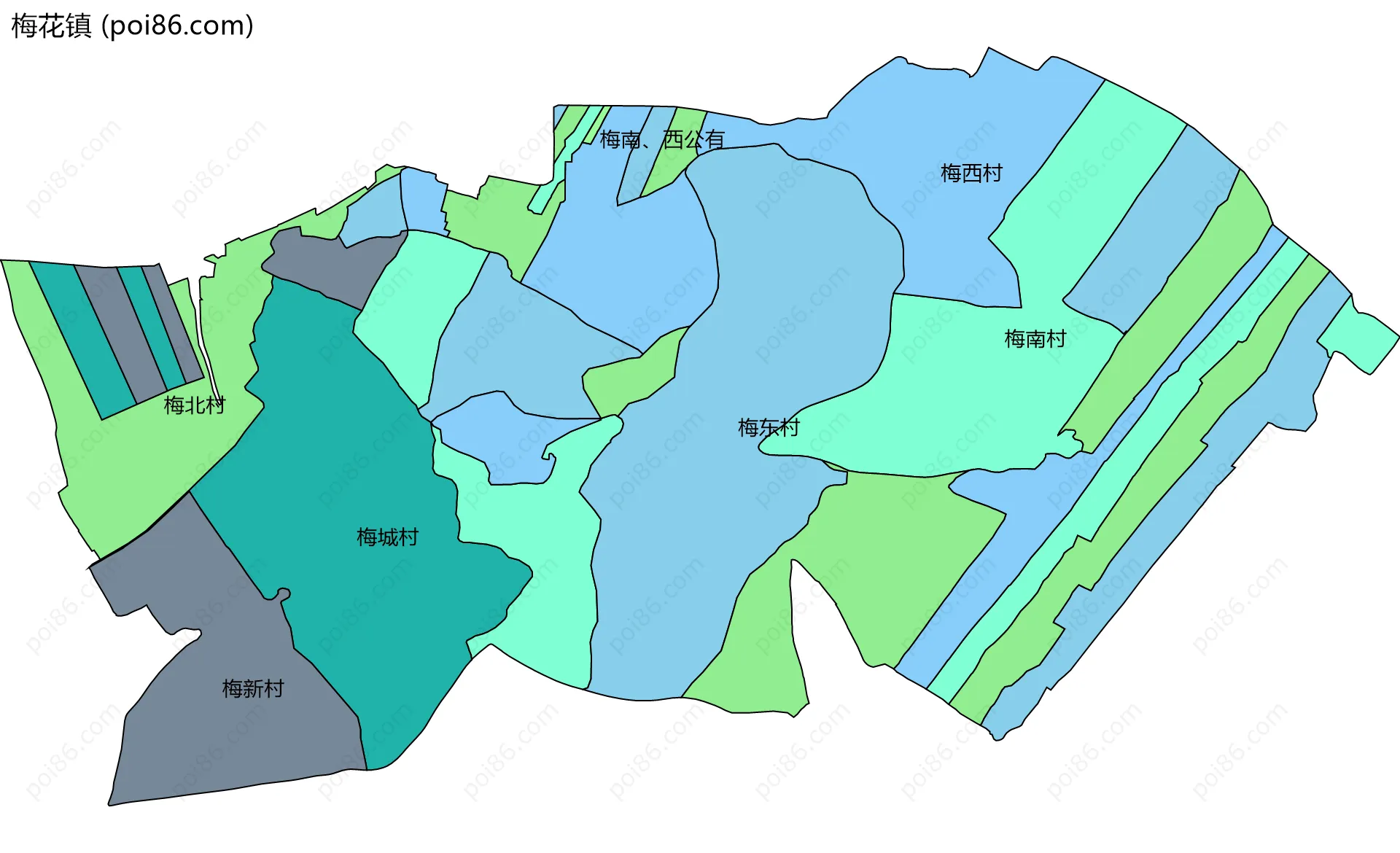 梅花镇边界地图(五级行政区划)