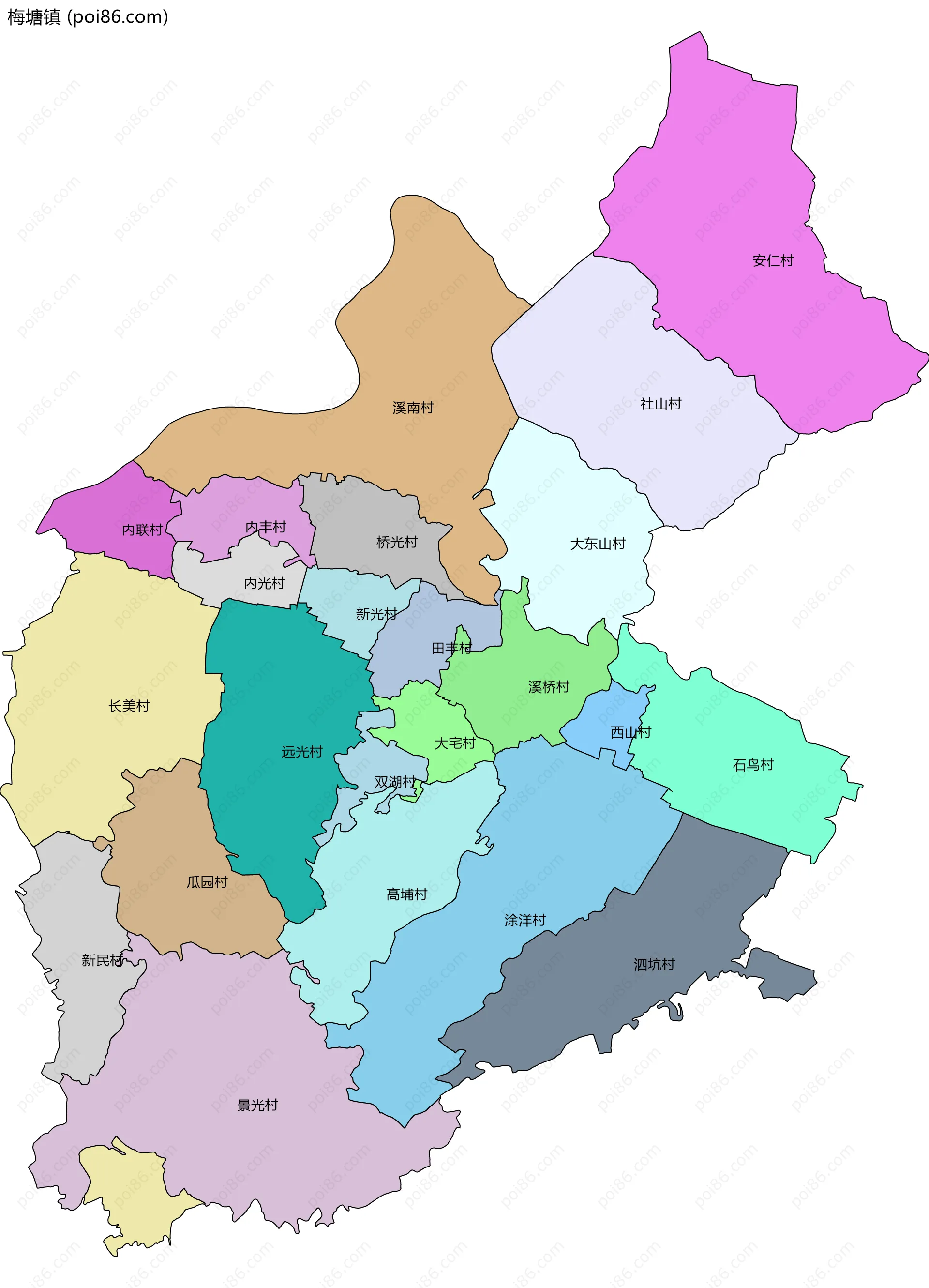 梅塘镇边界地图(五级行政区划)
