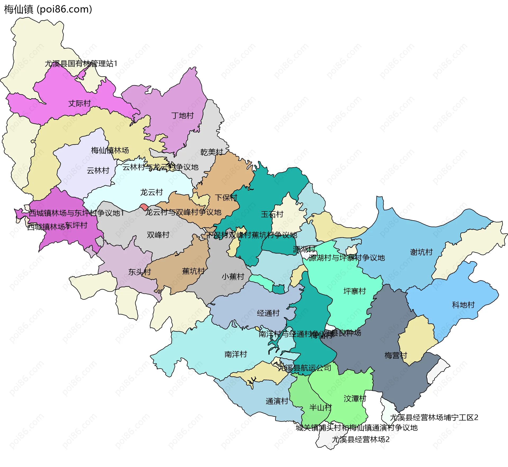 梅仙镇边界地图(五级行政区划)