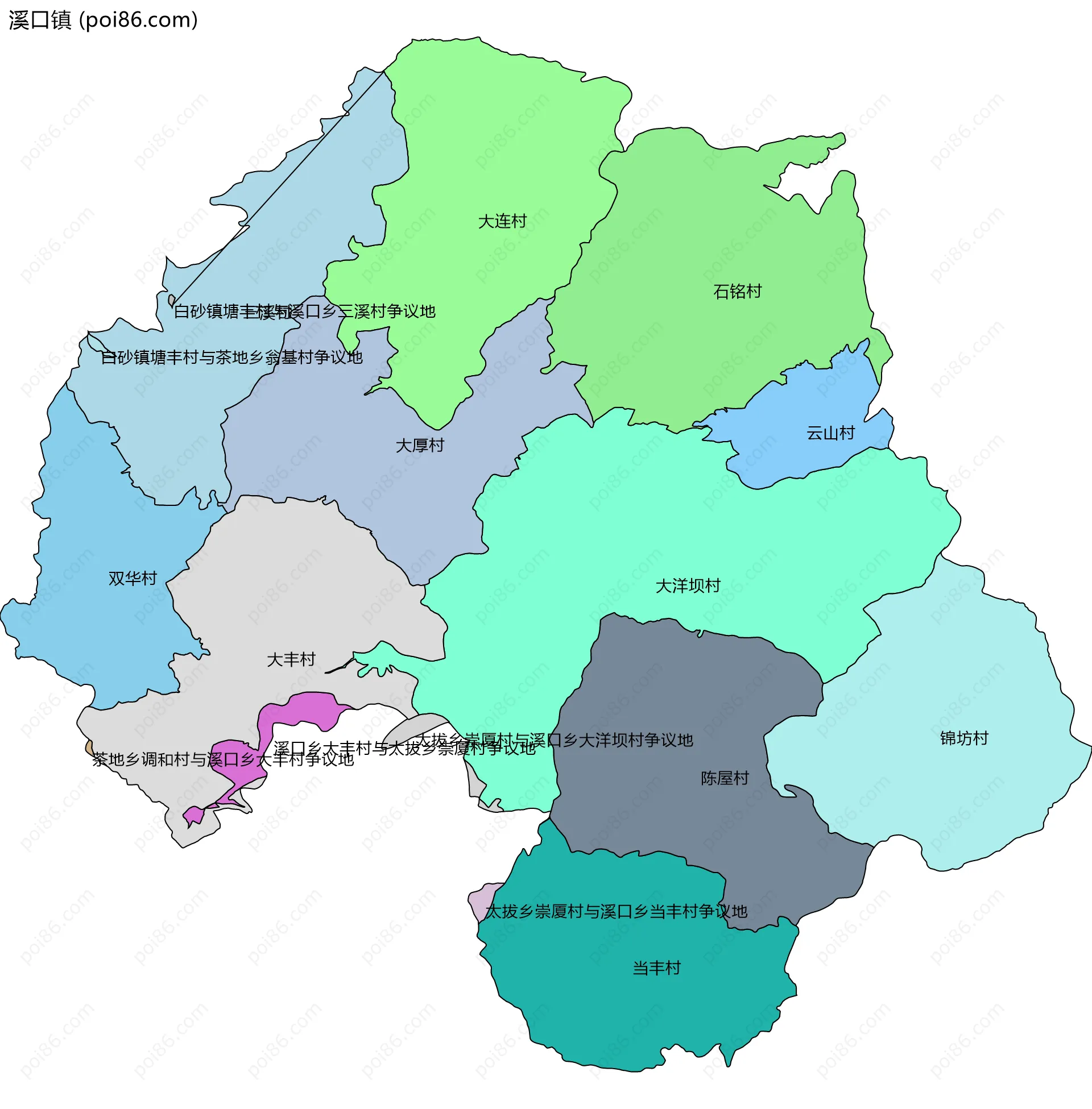 溪口镇边界地图(五级行政区划)