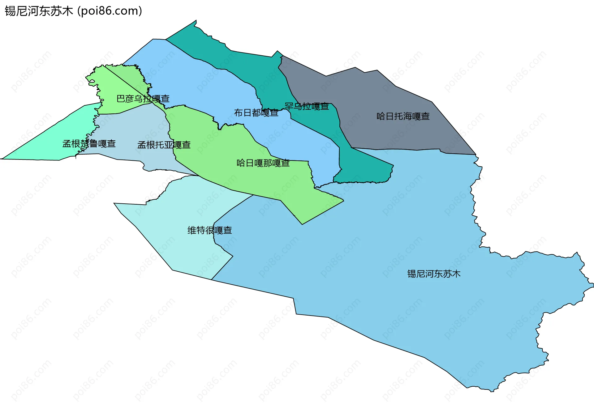 锡尼河东苏木边界地图(五级行政区划)