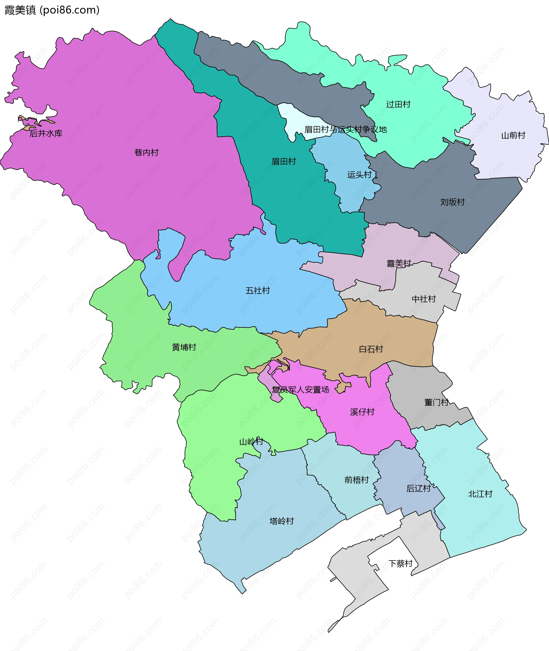 霞美镇边界地图(五级行政区划)