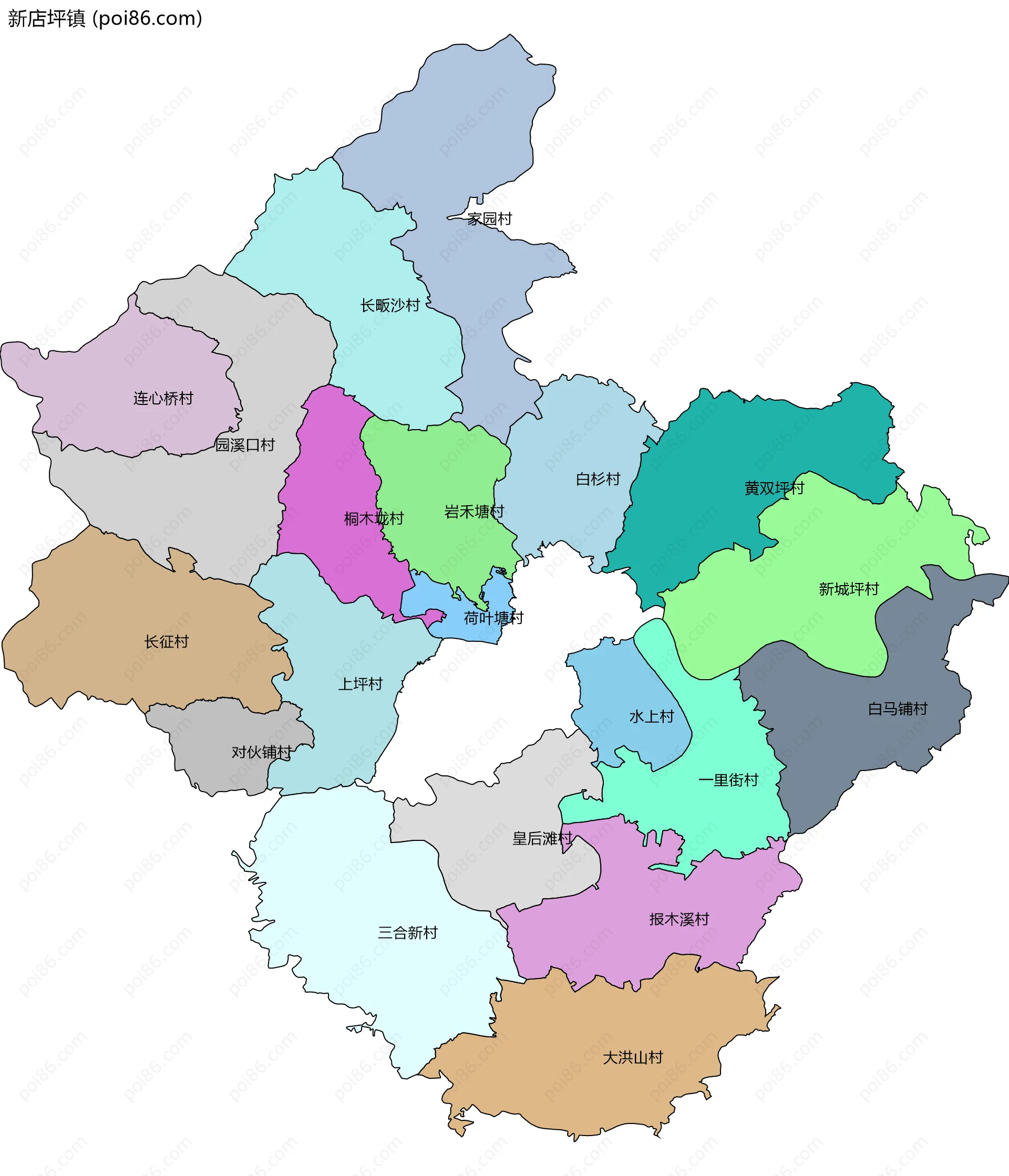 新店坪镇边界地图(五级行政区划)