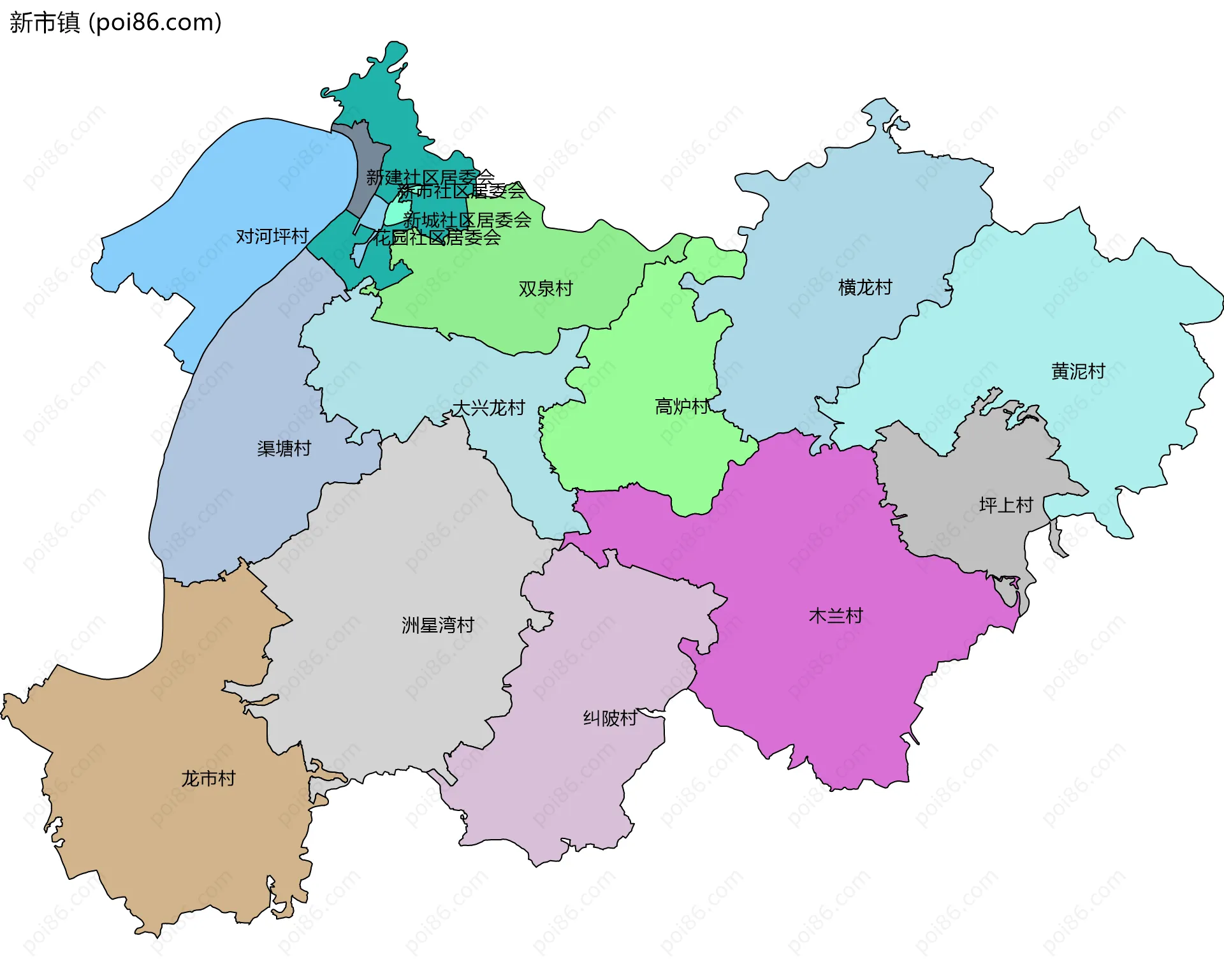 新市镇边界地图(五级行政区划)