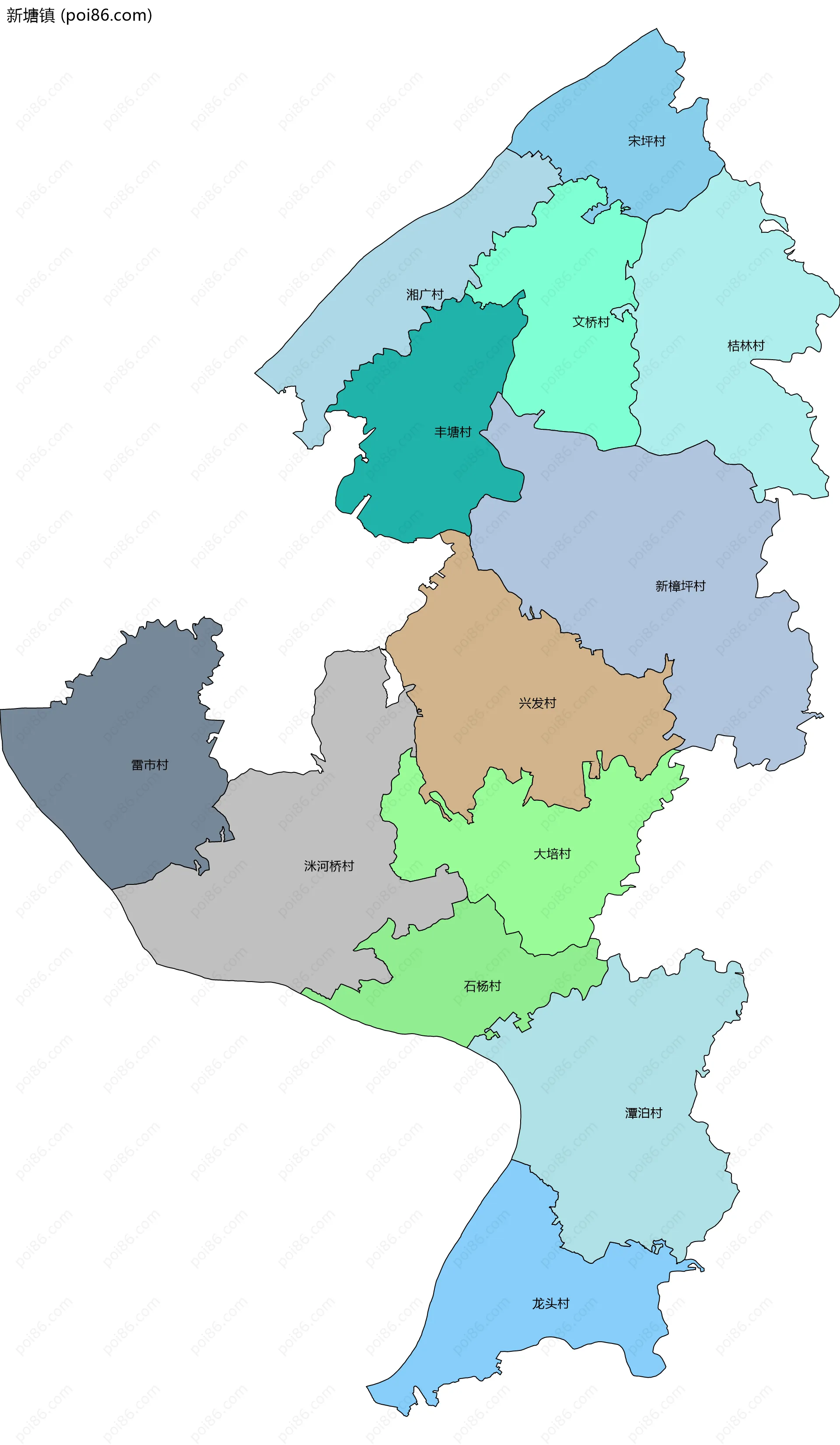 新塘镇边界地图(五级行政区划)