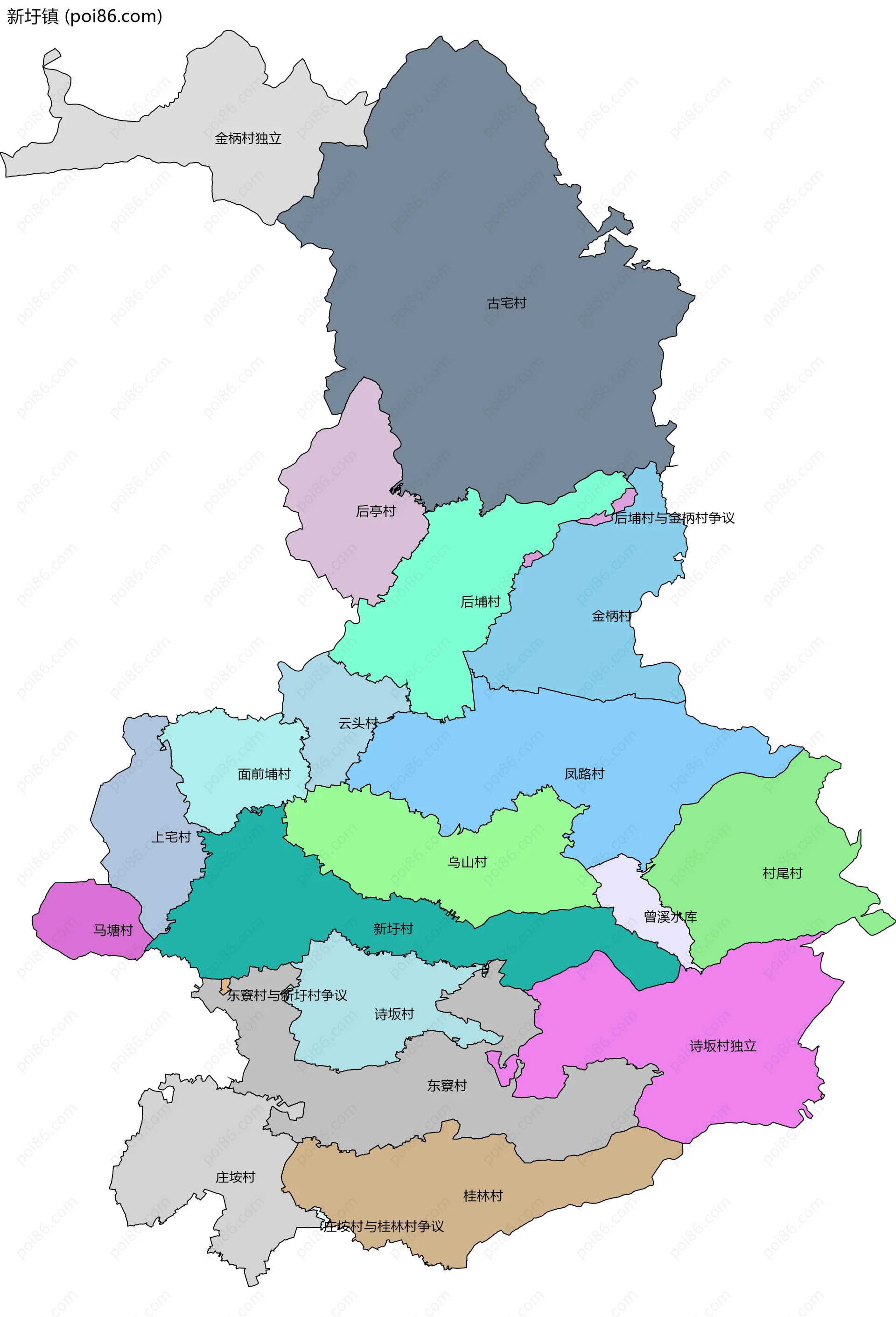 新圩镇边界地图(五级行政区划)