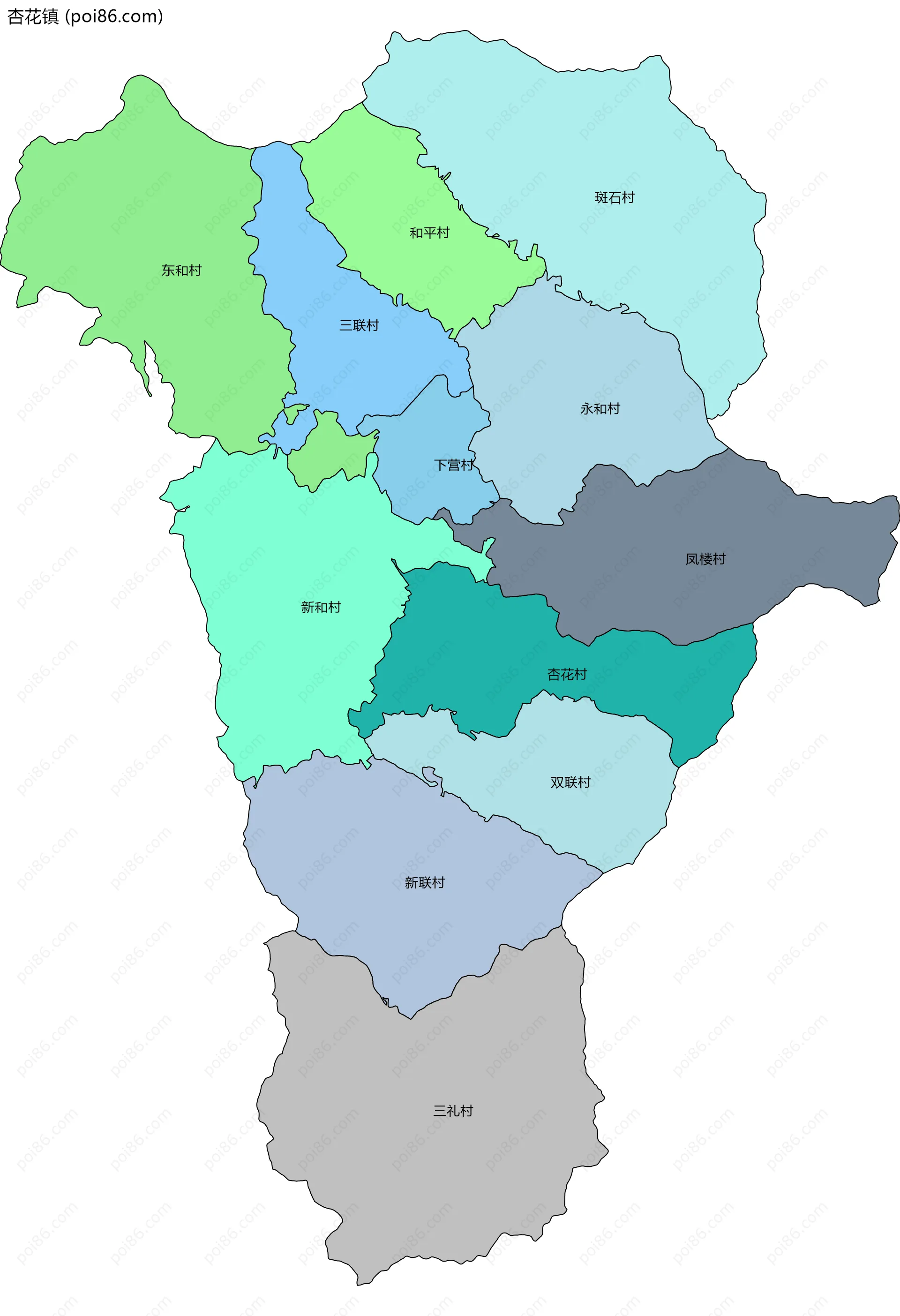 杏花镇边界地图(五级行政区划)