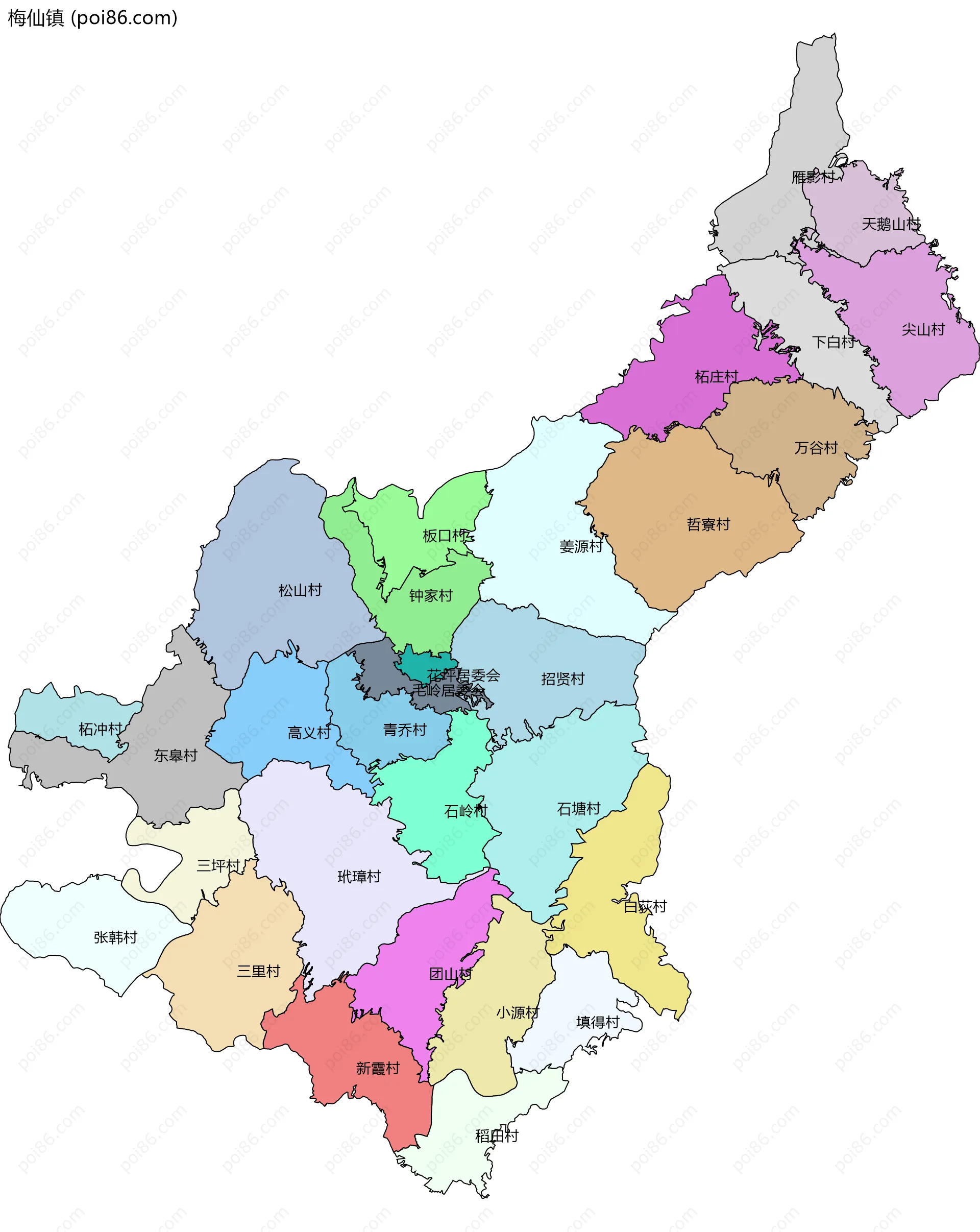 梅仙镇边界地图(五级行政区划)