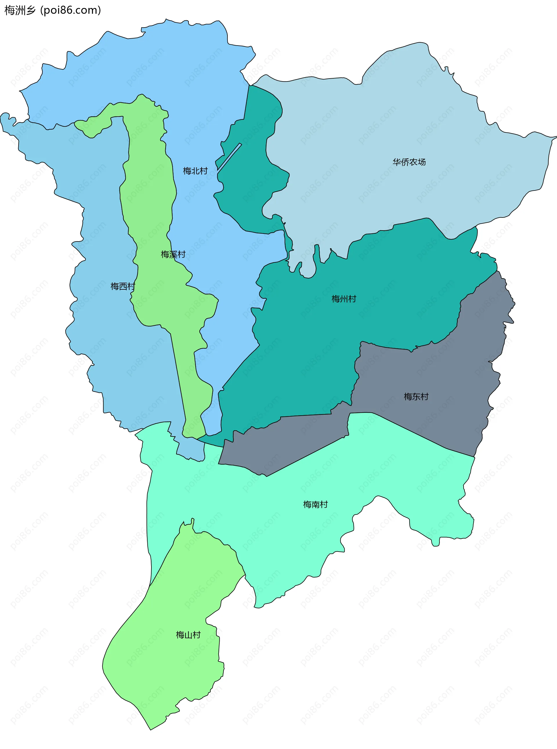 梅洲乡边界地图(五级行政区划)