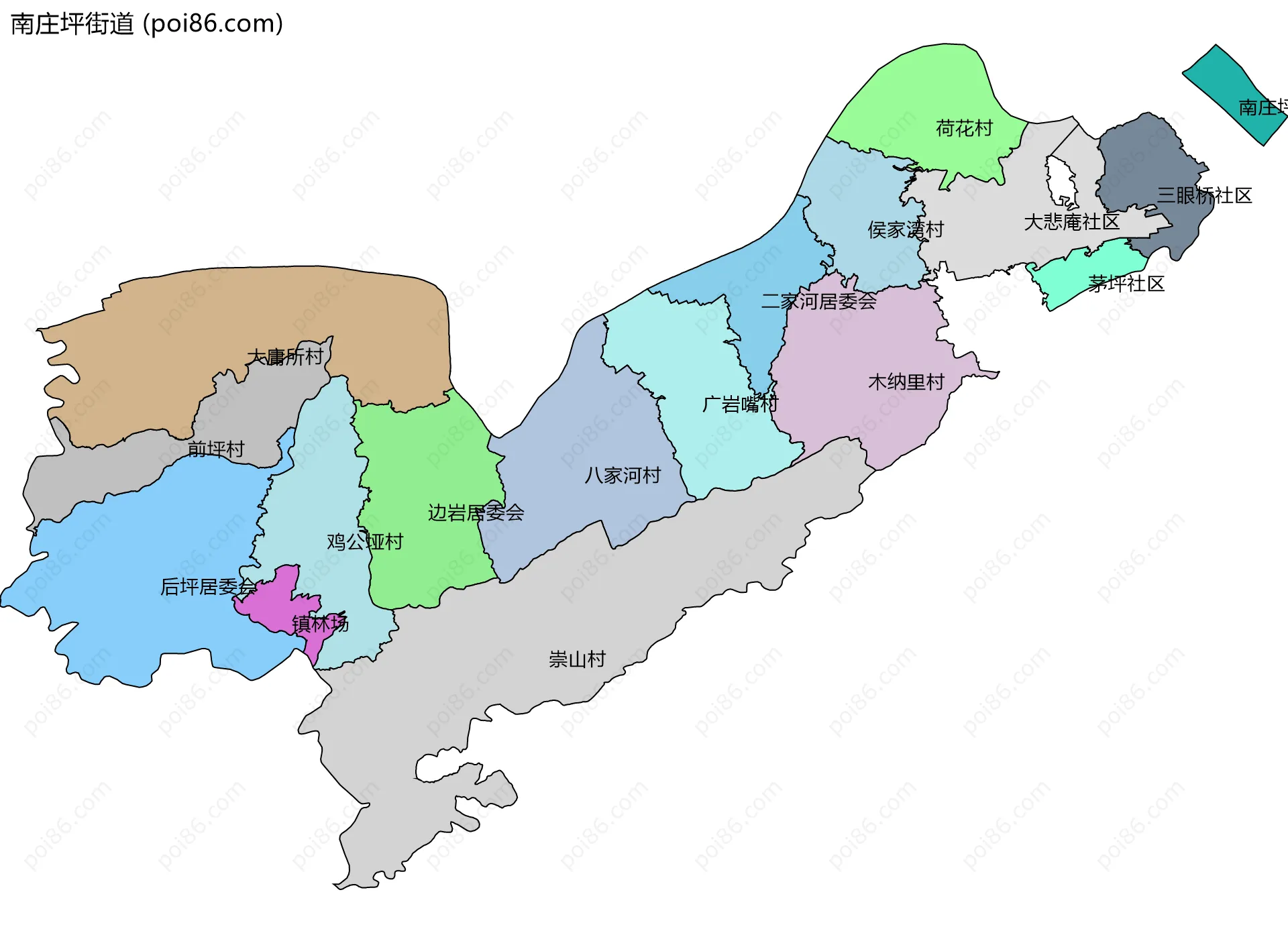南庄坪街道边界地图(五级行政区划)