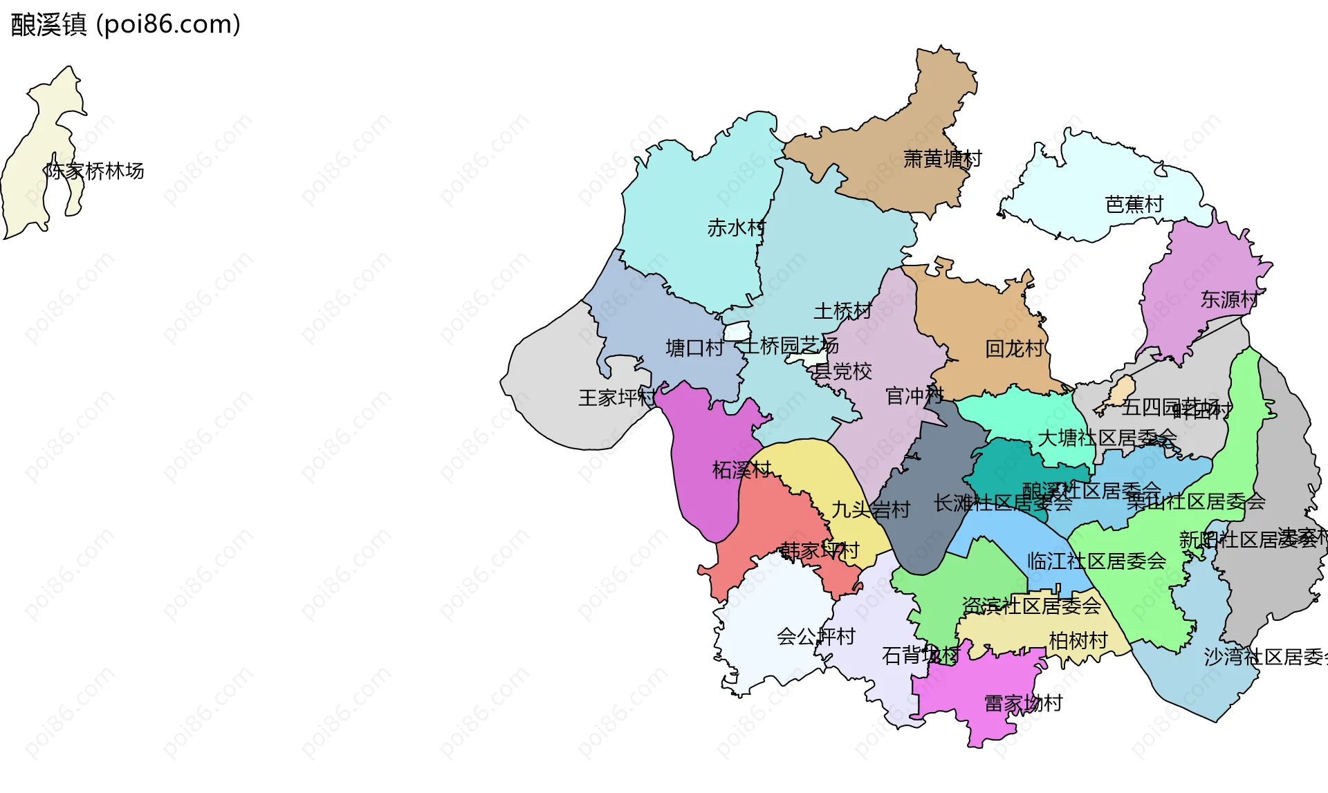 酿溪镇边界地图(五级行政区划)