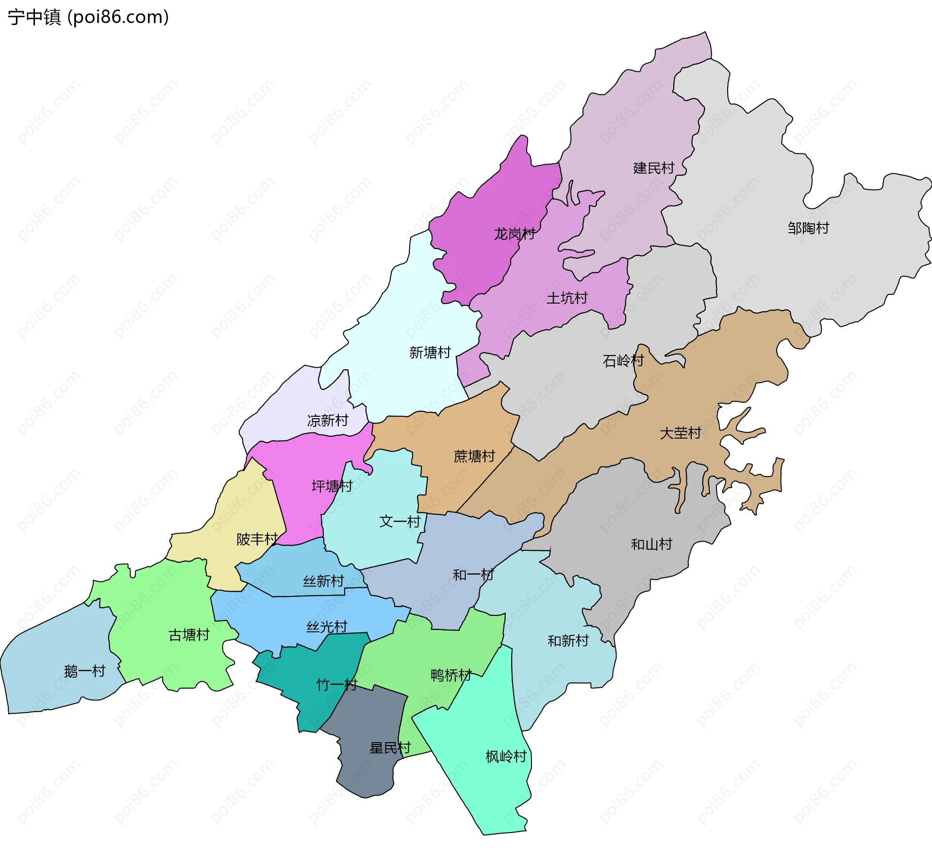 宁中镇边界地图(五级行政区划)