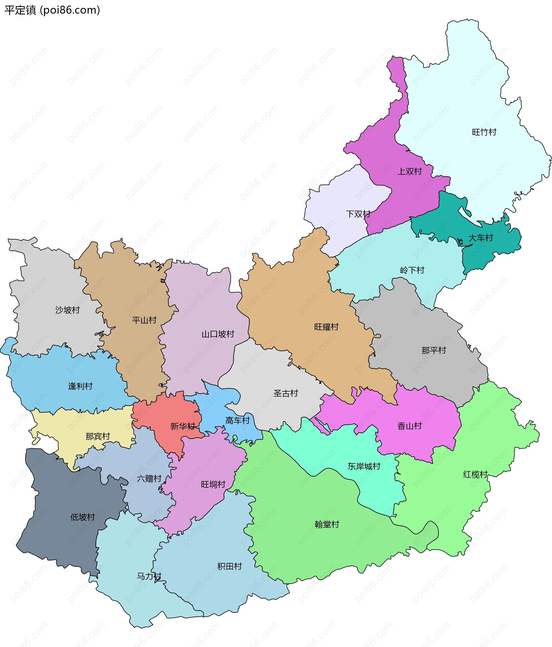 平定镇边界地图(五级行政区划)