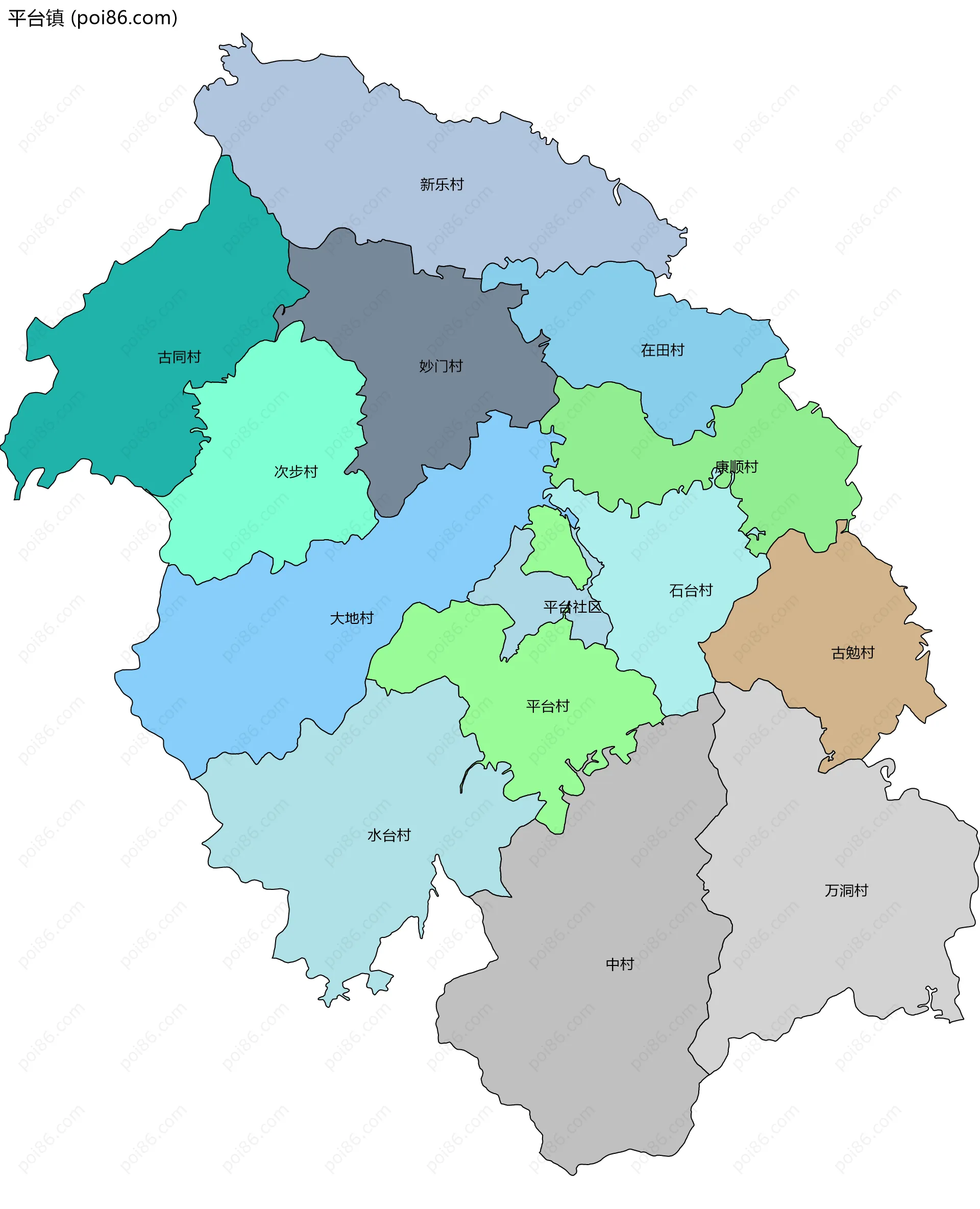 平台镇边界地图(五级行政区划)