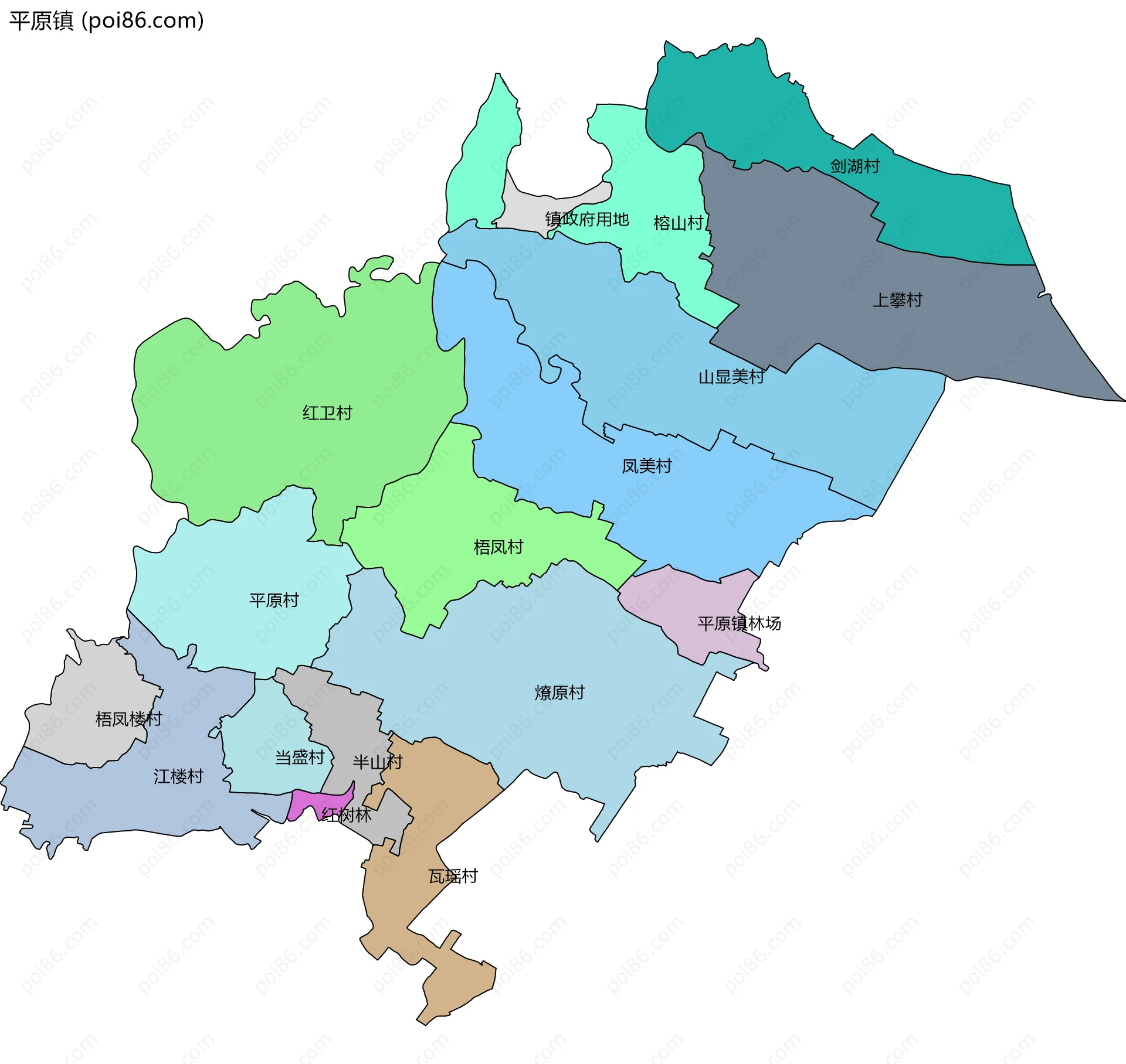 平原镇边界地图(五级行政区划)
