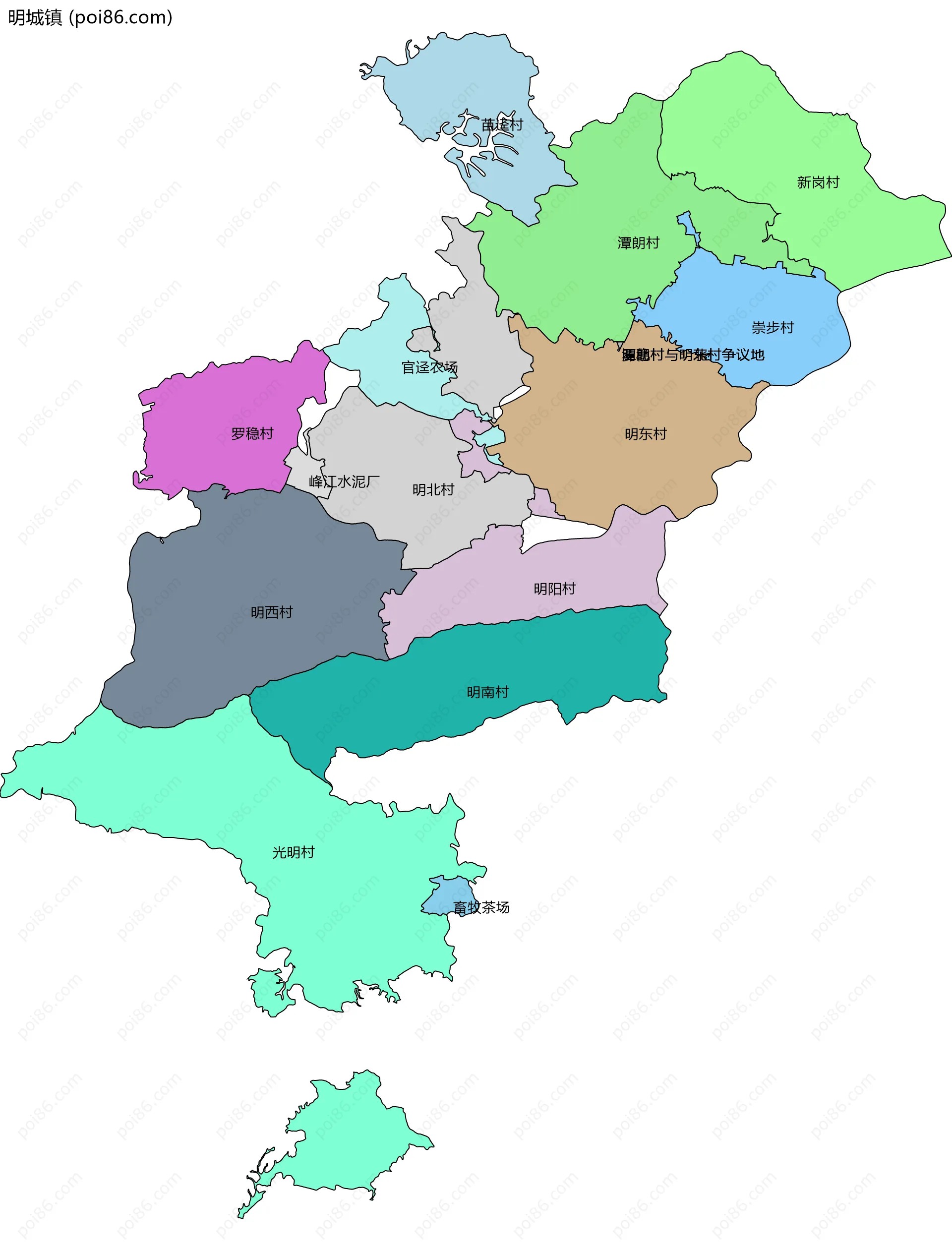 明城镇边界地图(五级行政区划)