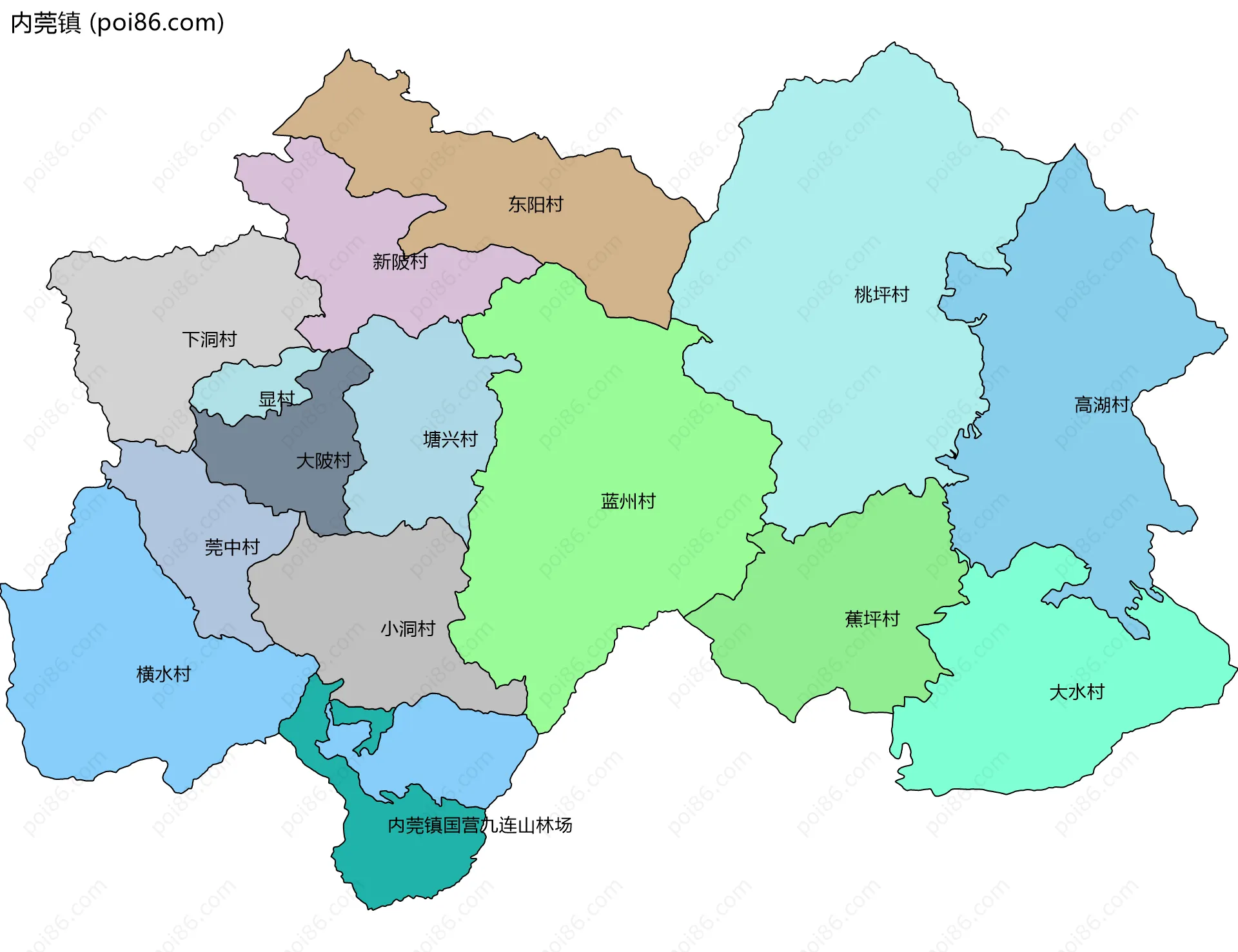 内莞镇边界地图(五级行政区划)